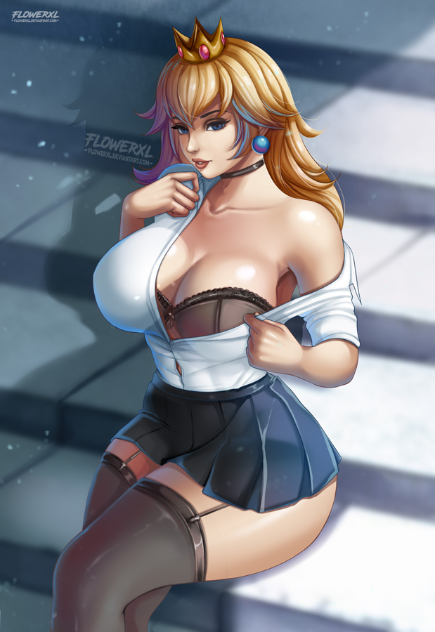 1girls alternate_body_type ball_earrings big_breasts black_bra blonde_hair blue_earrings blue_eyes blue_miniskirt blue_skirt bra breasts choker cleavage deep_cleavage female female_only flowerxl garter_straps large_breasts long_hair looking_at_viewer mario_(series) miniskirt necklace nintendo office_lady princess_peach secretary secretary_outfit seductive shadow sitting solo stockings thick_body thick_thighs tight_clothing undressing white_shirt