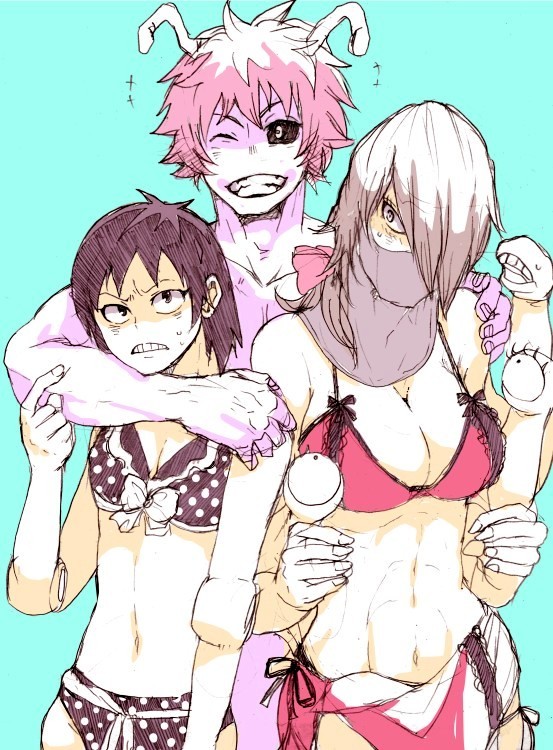 1boy 2girls ashido_mina bikini black_sclera busty cleavage female genderswap_(ftm) genderswap_(mtf) hanta_sero horns hugging hugging_from_behind male mezo_shoji mezou_shouji mina_ashido my_hero_academia one_eye_covered pink_hair pink_skin polka_dot rule_63 sero_hanta shouji_mezou straight_hair summer swimsuit wink