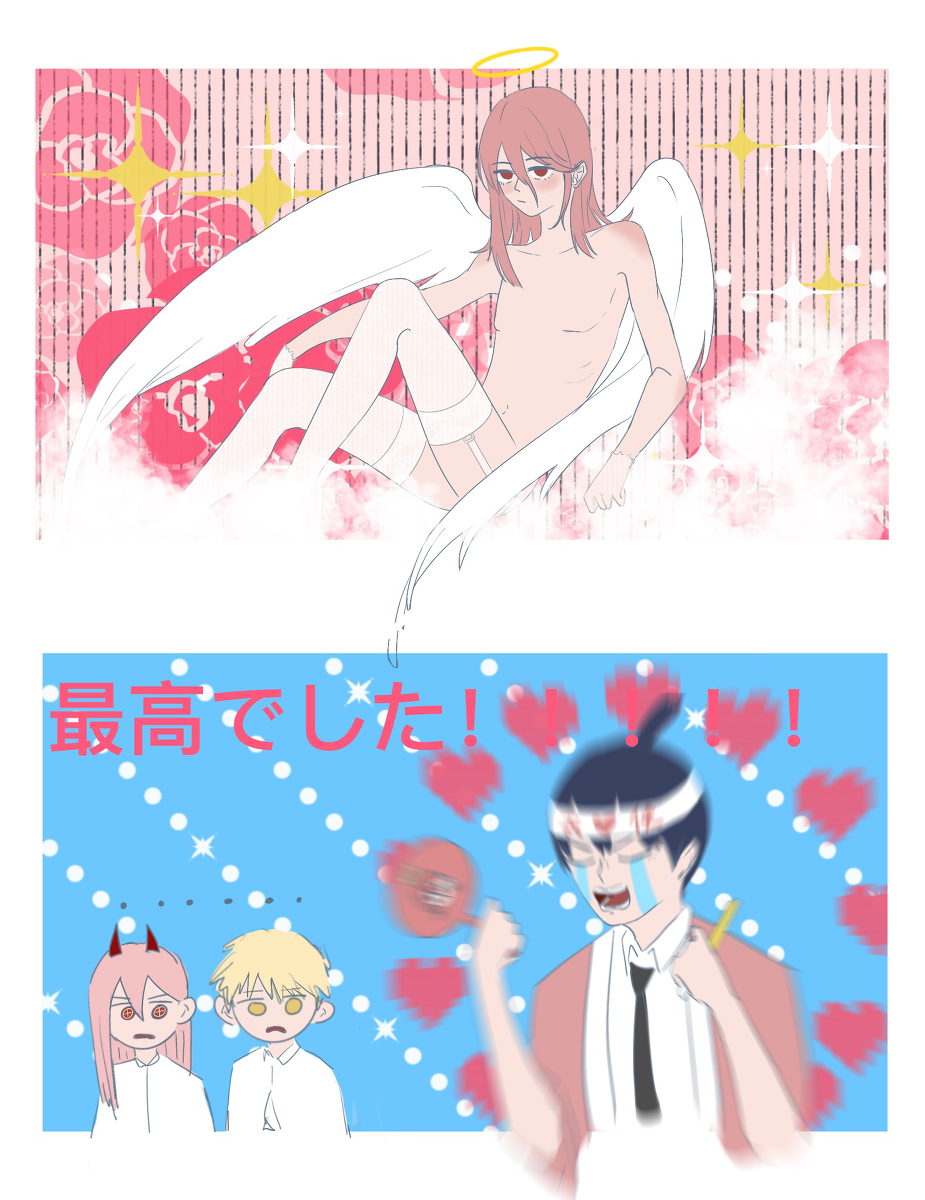 1girls, 3boys, angel devil (chainsaw man), chainsaw man, female, femboy, gay, male, power (chainsaw man), underwear