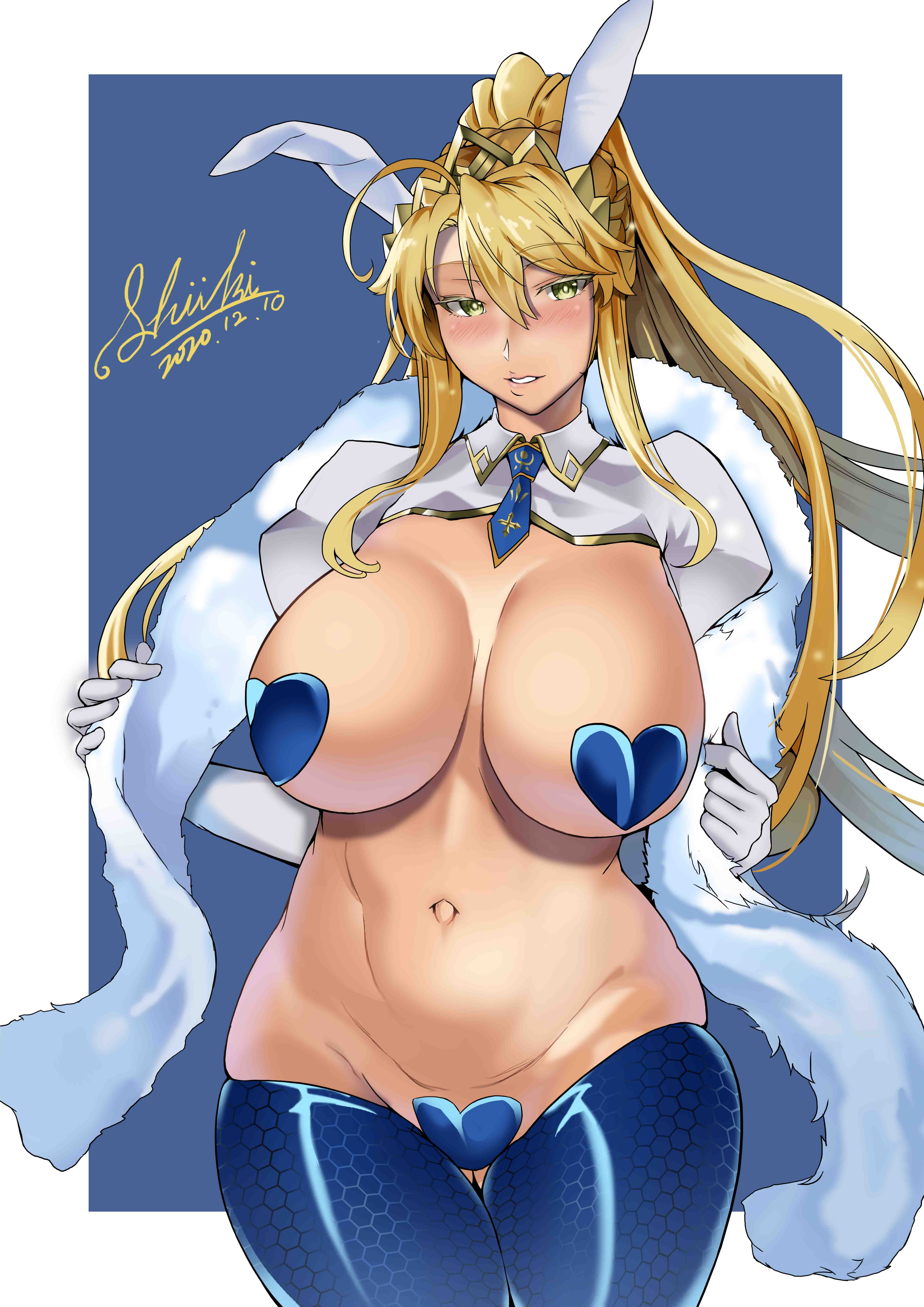 1girls, 2020, absurdres, ahoge, animal ears, artoria pendragon, artoria pendragon (swimsuit ruler), bangs, blue background, blue heart pasties, blue legwear, blue neckwear, blue pasties, blush, border, braid, breasts, bunny ears, covered nipples, crown, detached collar, fate (series), fate/grand order, feather boa, female, female focus, female only, fishnet legwear, fishnets, french braid, gloves, green eyes, hair between eyes, heart pasties, high ponytail, highres, large breasts, long hair, maebari, meme attire, navel, parted lips, pasties, rabbit ears, revealing clothes, reverse bunnysuit, reverse outfit, shiiki (love-saber), sidelocks, signature, solo, solo female, solo focus, tiara, white border, white gloves