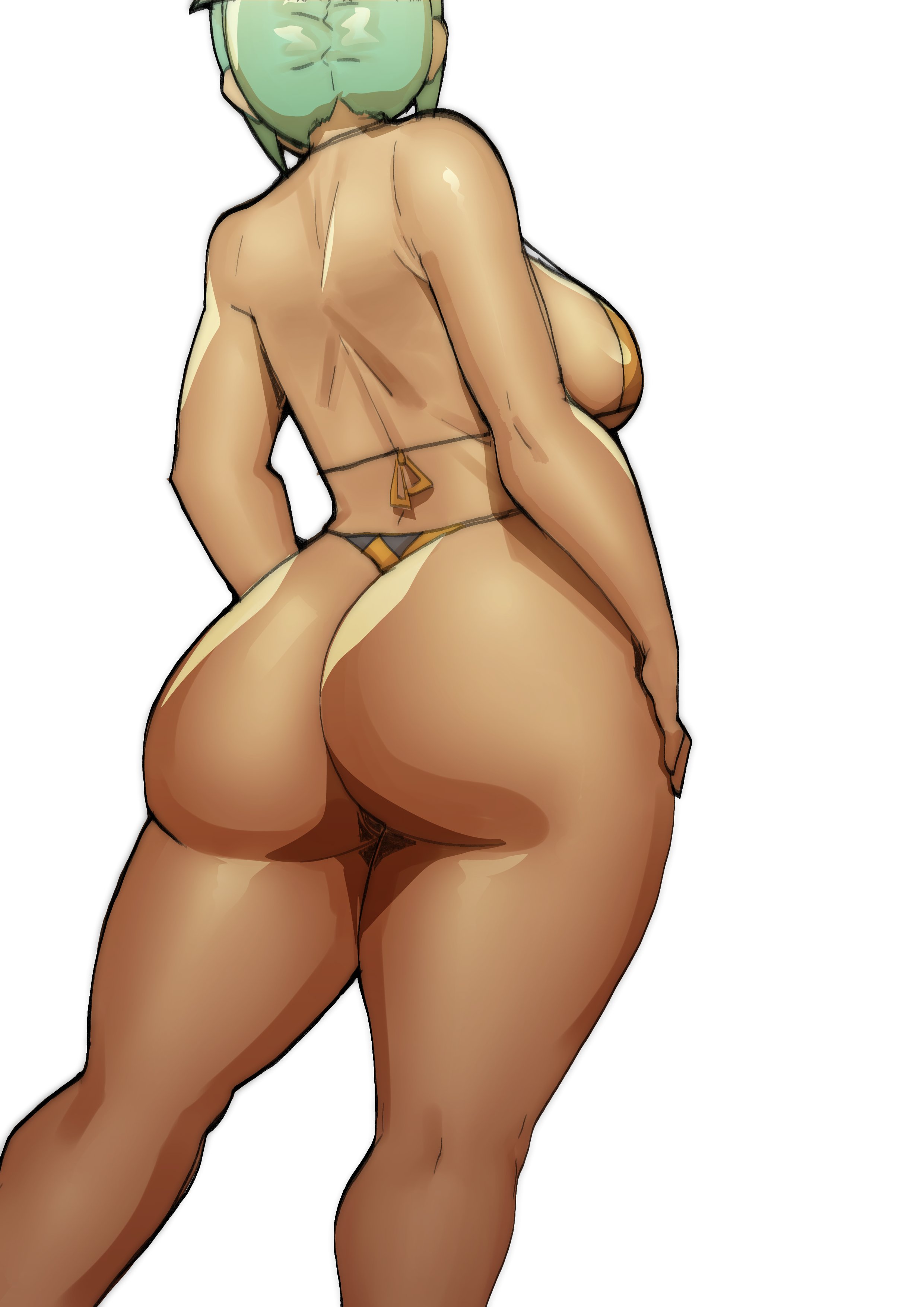 1girls, ass, big ass, big breasts, big butt, bikini, breasts, cerebella, doublehero, female, large ass, long hair, micro bikini, skullgirls, solo, standing, thick ass, thick thighs, thighs, thong, white background