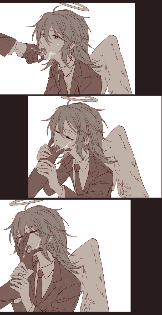 2boys, angel devil (chainsaw man), chainsaw man, cum in hands, cum in mouth, finger in mouth, gay, hayakawa aki, licking, long hair, male, male only, sucking fingers