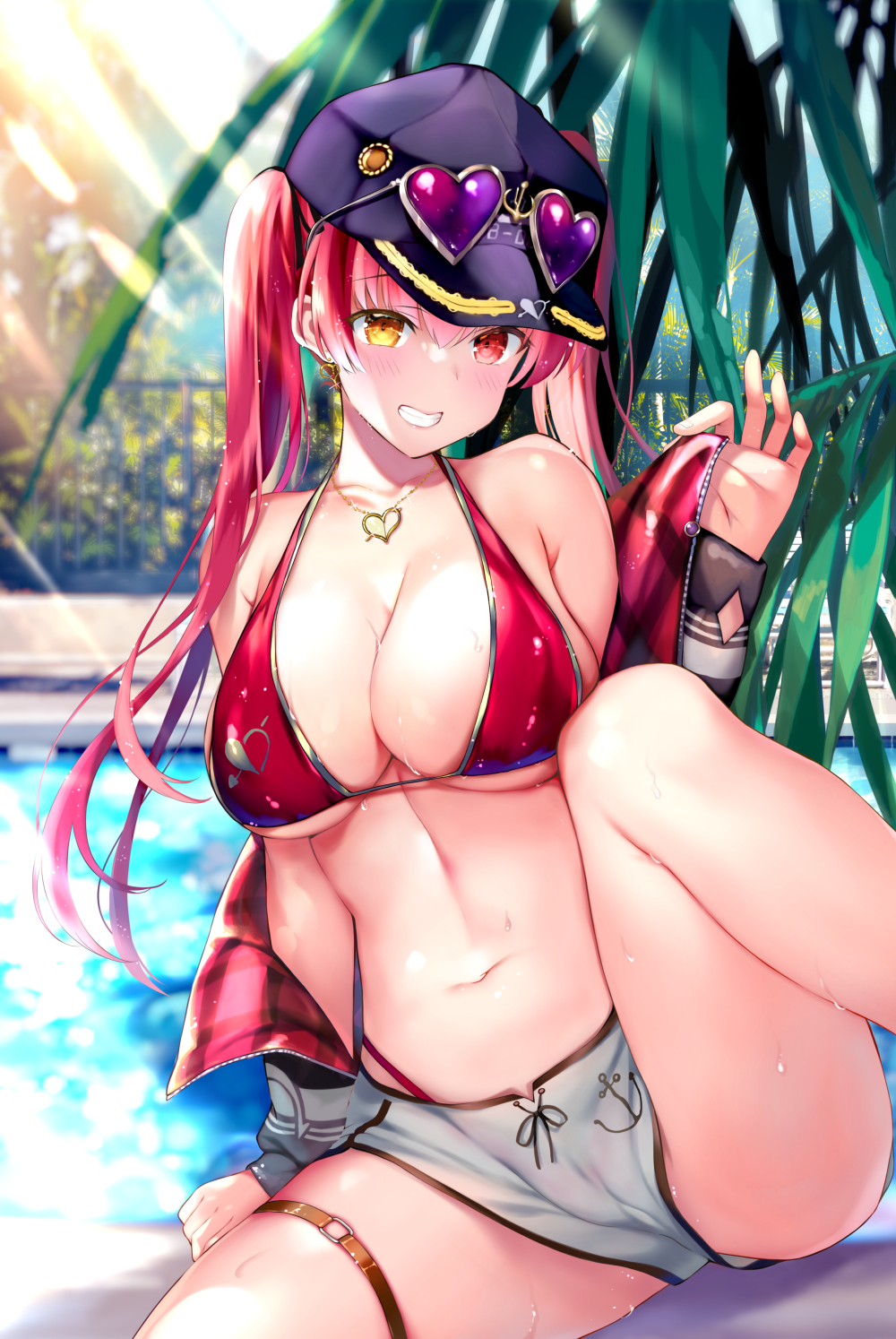 1girls 2021 arrow_through_heart bikini blush breasts crotch dolphin_shorts earrings eyewear_on_head eyewear_on_headwear female female_focus female_only hat heart heart_earrings heart_necklace heterochromia highres hololive hololive_fantasy hololive_japan houshou_marine jacket jewelry knee_up large_breasts navel necklace official_alternate_costume pool red_bikini red_eyes red_hair rei_(rei's_room) removing_jacket shorts sitting smile solo solo_female solo_focus sunglasses sunglasses_on_head sunlight swimsuit teeth thigh_strap thighs twintails virtual_youtuber water yellow_eyes