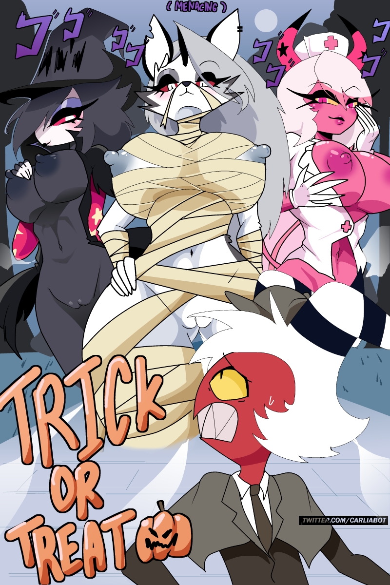1boy, 2d, 3girls, avian, big breasts, bird, breasts, carliabot, clothing, demon, demon girl, female, fur, furry, gloves, halloween, halloween costume, hellhound, helluva boss, imp, jojo reference, long hair, loona (helluva boss), male, moxxie (helluva boss), multicolored fur, nipples, nurse, octavia (helluva boss), owl, owl demon, pussy, succubus, tagme, text, verosika mayday (helluva boss), white hair