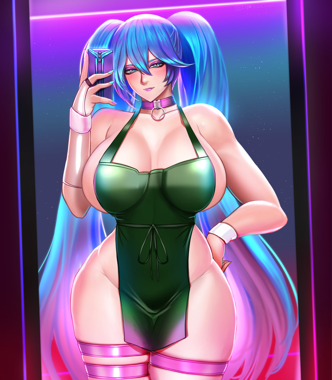 1girls, 2021, alternate version available, apron, badcompzero, big breasts, blue hair, breasts, busty, colorful hair, exaggerated anatomy, female, female only, green apron, hand on hip, hand on own hip, holding phone, huge breasts, large breasts, league of legends, long twintails, mirror, mirror selfie, naked apron, selfie, simple background, solo, solo female, sona buvelle, thick, thick thighs, thigh strap, thighhighs, thighs, twintails, voluptuous