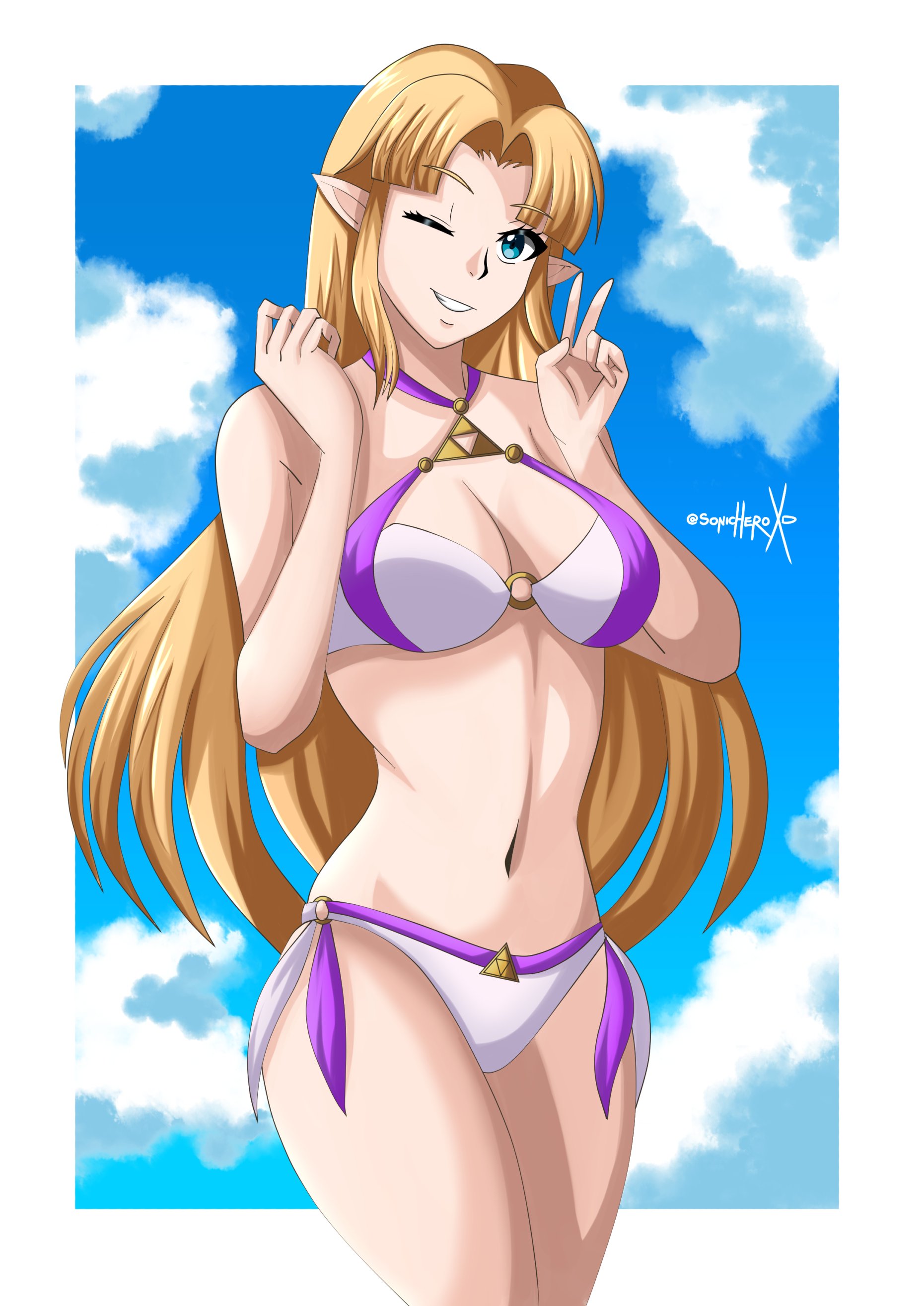 alternate costume, blonde hair, blue eyes, female, light skin, light-skinned female, looking at viewer, nintendo, princess zelda, solo, sonicheroxd, the legend of zelda, v, zelda (a link between worlds)