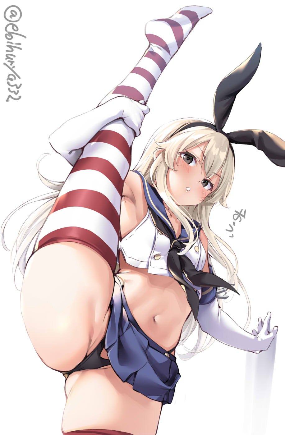 armpit, black thong, blonde hair, bunny ears, crop top, ebifurya, female, female only, gloves, grey eyes, hairbow, kantai collection, leg lift, leg up, long gloves, long hair, looking at viewer, pleated skirt, sailor collar, shimakaze (kantai collection), sleeveless shirt, solo, standing split, stretching, striped legwear, striped thighhighs, thick thighs, thighhighs, thong, upskirt, vertical splits, white gloves, zettai ryouiki