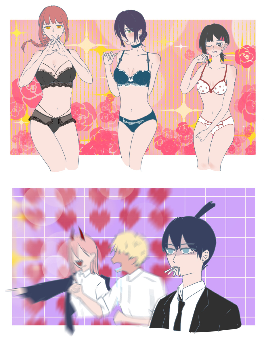 blush, chainsaw man, denji (chainsaw man), female, hayakawa aki, higashiyama kobeni, humor, makima (chainsaw man), power (chainsaw man), reze (chainsaw man), underwear