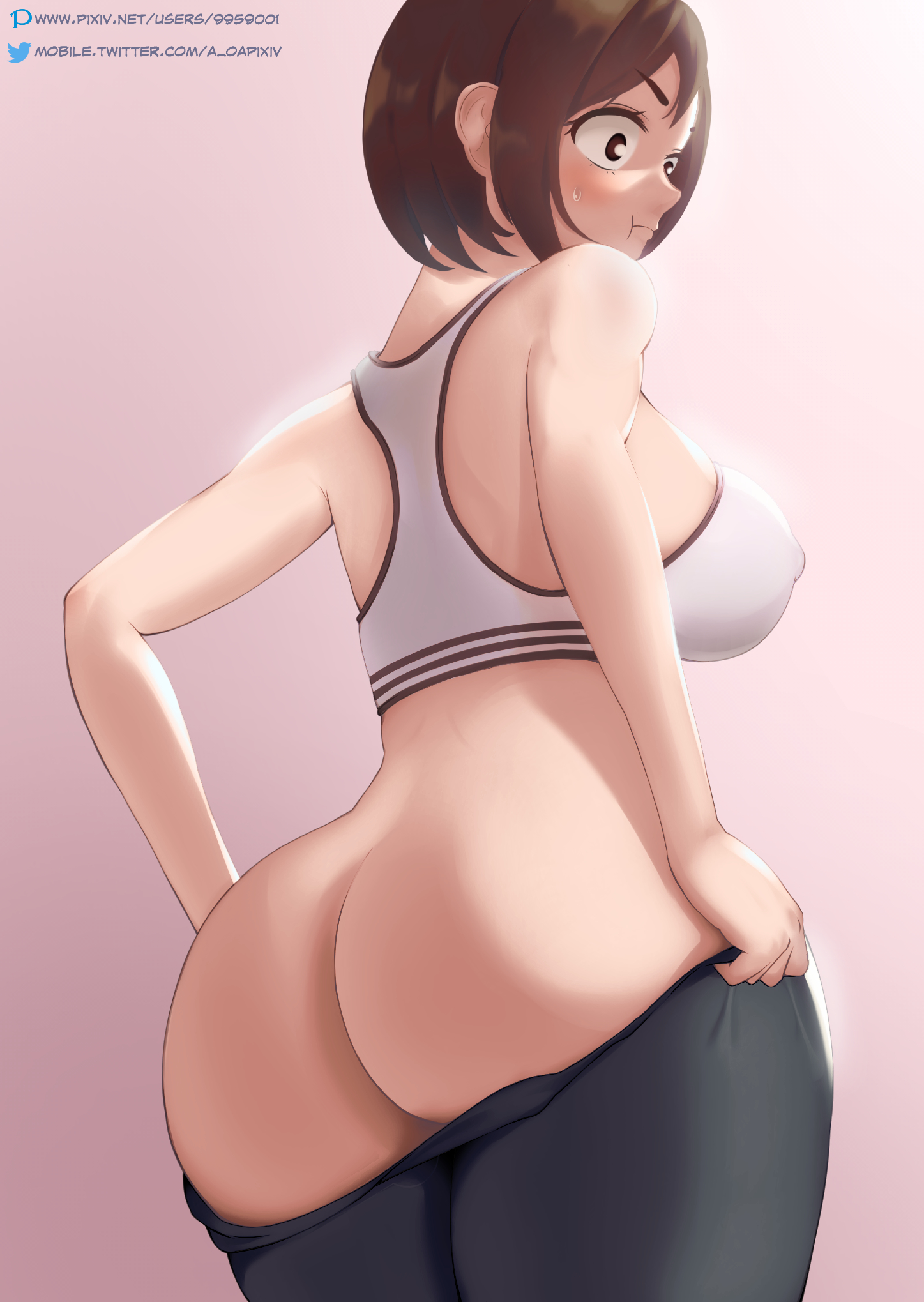 1girls, ass, bare shoulders, blush, breasts, brown eyes, brown hair, brown-haired female, clothes pull, female, highres, huge ass, large breasts, my hero academia, nsfw oa, ochako uraraka, pants, pants pull, pout, short hair, solo