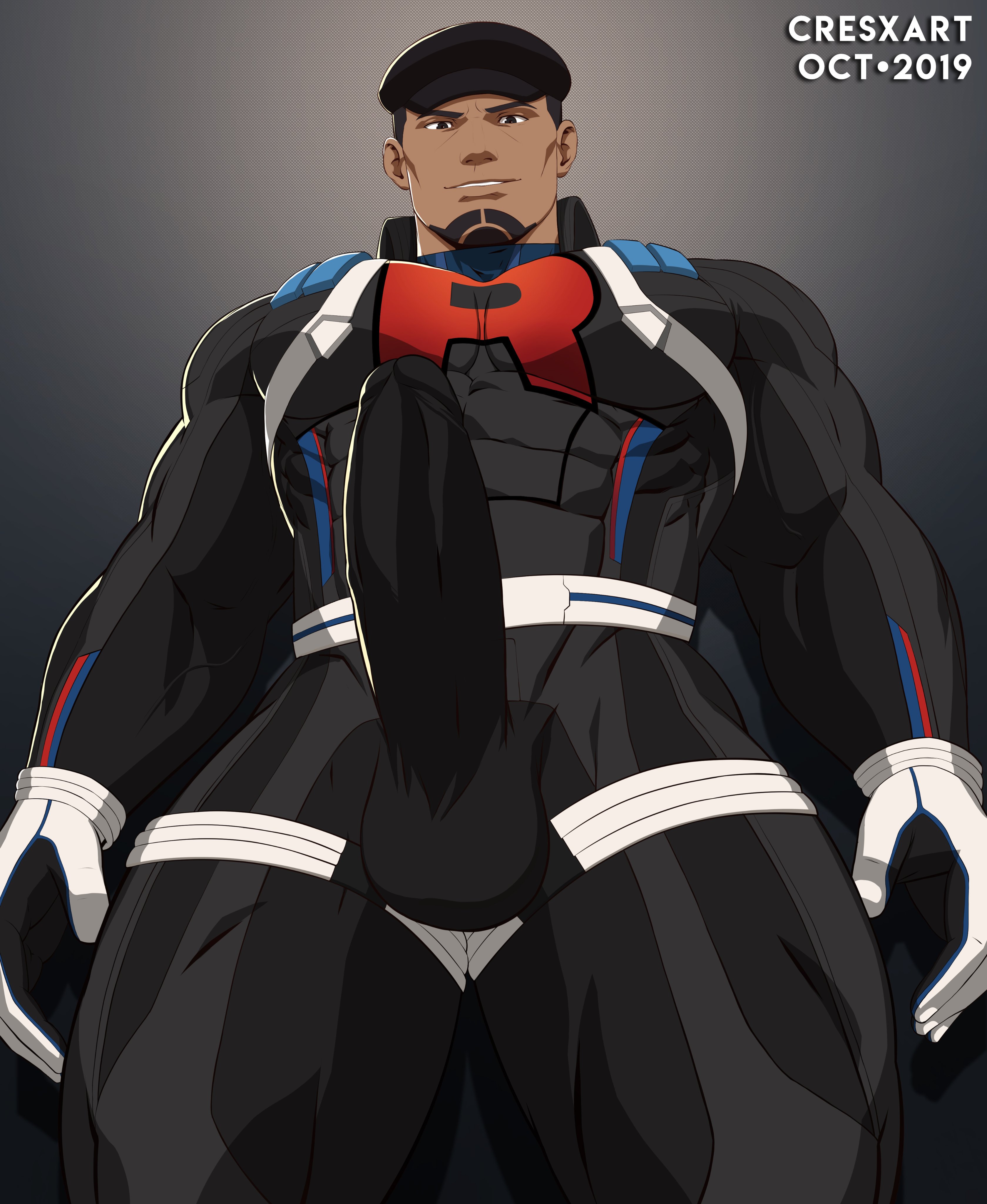 1boy, abs, bara, biceps, cliff (pokemon), cresxart, erect penis, erection, erection under clothes, gay, looking at viewer, looking down, looking down at viewer, male, male only, muscles, muscular, muscular male, pecs, penis, pokemon, pokemon go, solo, standing, suit, team go rocket, yaoi