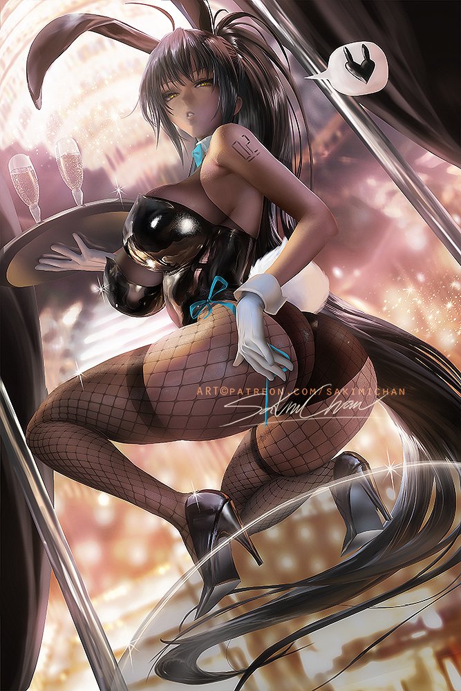 1girls, ass, big ass, big breasts, blue archive, breasts, bunny ears, bunny girl, bunnysuit, cleaning & clearing (blue archive), female, female only, karin (blue archive), karin (bunny) (blue archive), large breasts, looking at viewer, looking back, millennium science school student, pinup, sakimichan, solo