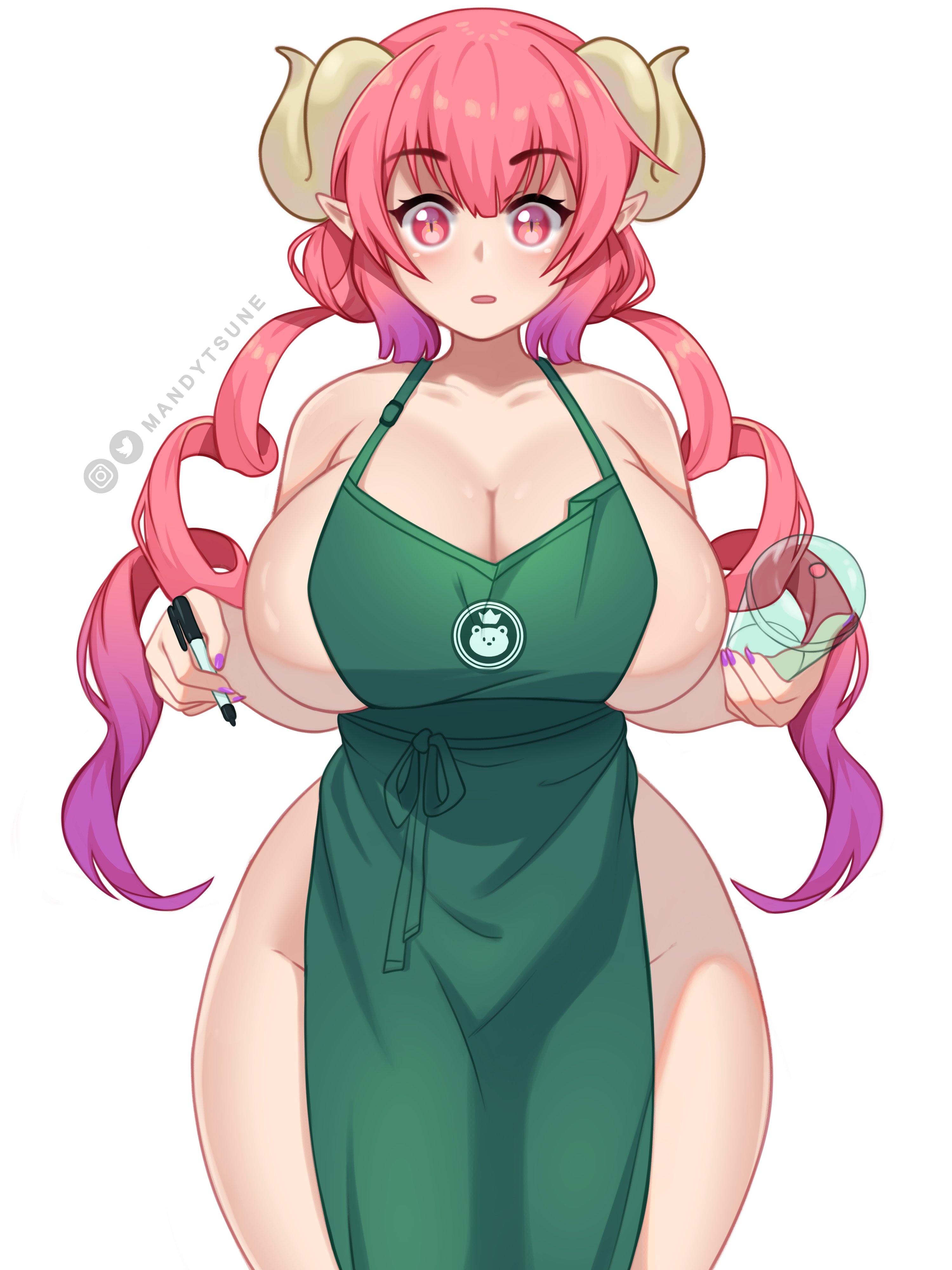 1girls, 2021, 2d, apron, apron only, artist name, artist signature, blush, breasts, cleavage, dragon girl, dragon horns, female, female only, green apron, hips, holding object, horns, huge breasts, iced latte with breast milk, ilulu (dragon maid), light skin, light-skinned female, long hair, looking at viewer, mandytsune, meme, miss kobayashi's dragon maid, naked apron, pale skin, pale-skinned female, pink eyes, pink hair, pointy ears, shocked, shocked expression, shocked eyes, shocked face, simple background, slim waist, starbucks, thick thighs, thighs, twintails, watermark, white background, wide hips