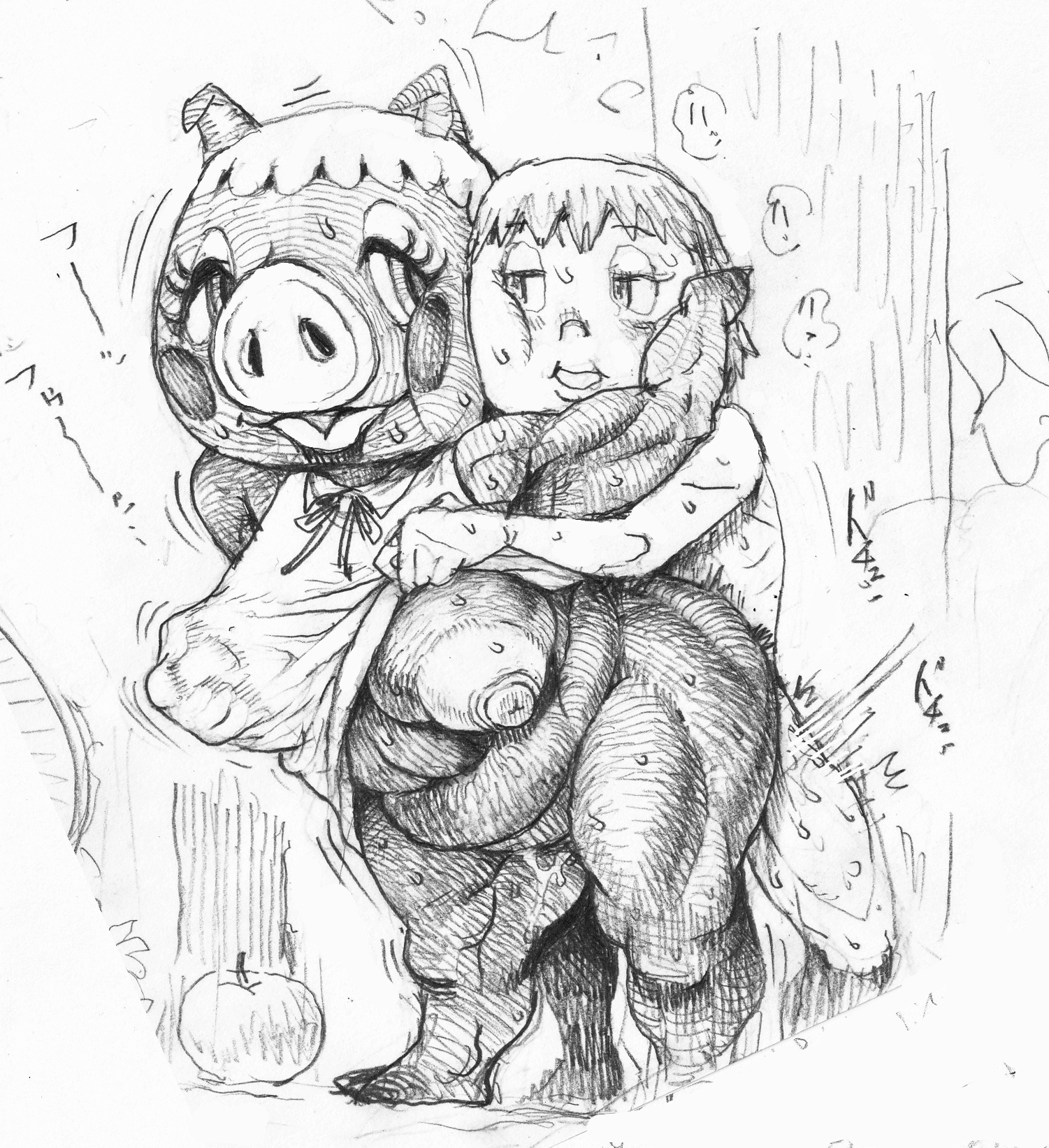 animal crossing, apple, blush, blush stickers, breasts, double deck, eyelashes, female, from behind, furry, groping breasts, large breasts, monochrome, nintendo, one breast out, pancetti (animal crossing), pencil (artwork), pig, short hair, straight, villager (animal crossing)