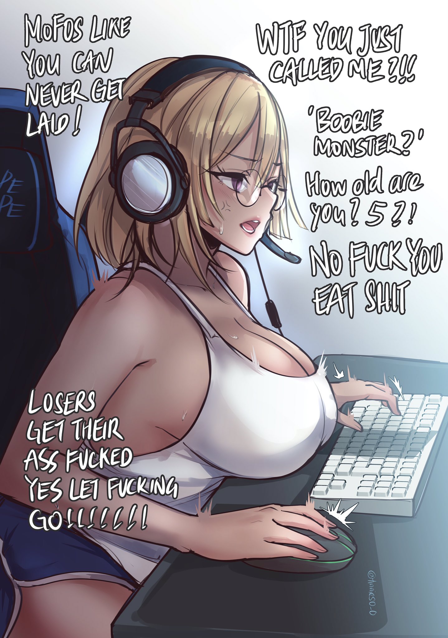 1girls, big breasts, breast on table, breasts, cleavage, female, female only, gamer girl, gaming, large breasts, short hair, solo, text, tinnies