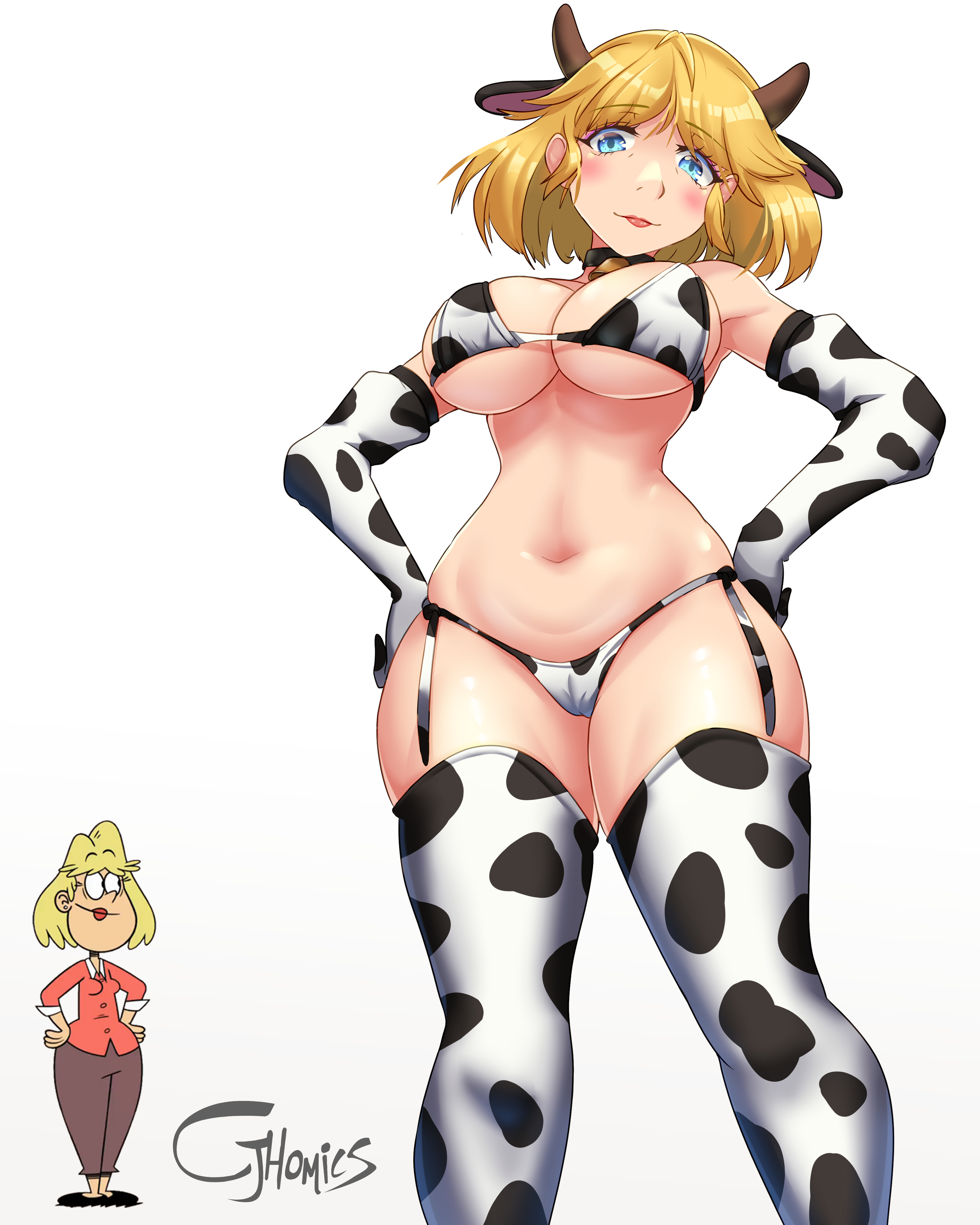 1girls, bell, bell collar, bikini, blush, breasts, cjhomics, collar, cow bikini, cow horns, cow print, elbow gloves, female, garter straps, gloves, hand on hip, horns, large breasts, looking at viewer, milf, navel, rita loud, simple background, smile, solo, straight hair, swimsuit, the loud house, thighhighs, white background