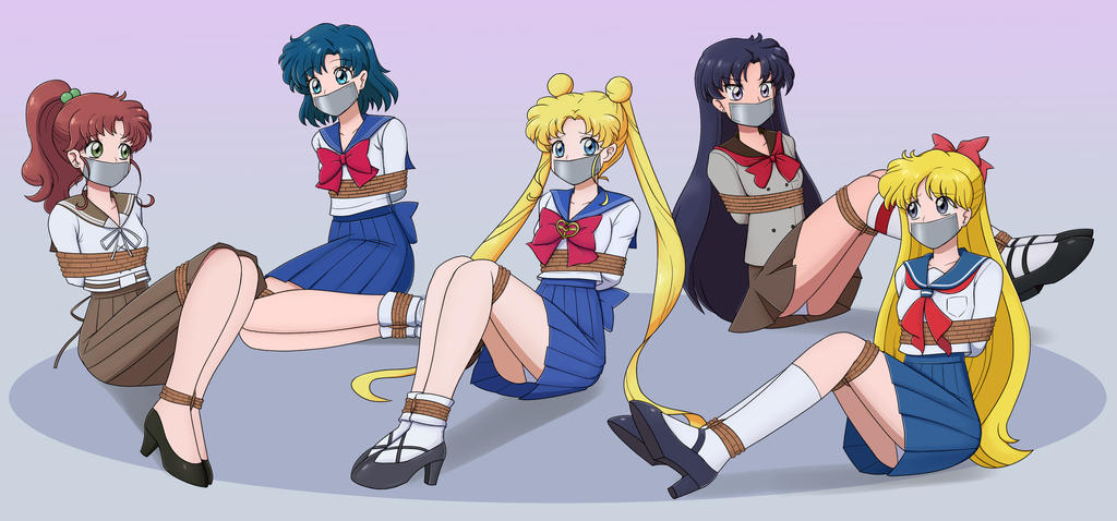 5girls ami_mizuno bishoujo_senshi_sailor_moon bondage bow clothing female female_only gag high_heels makoto_kino minako_aino multiple_girls nivek15 panties rei_hino school_uniform skirt socks taped_mouth tied_up usagi_tsukino