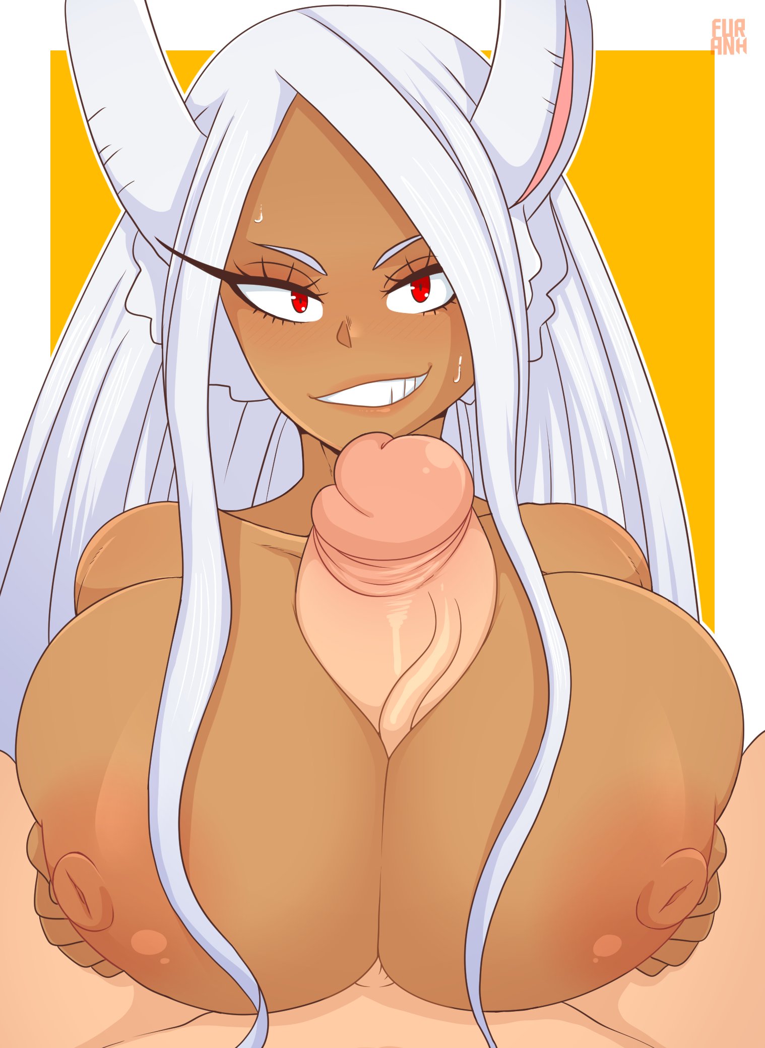 1boy, 1girls, areolae, big breasts, big penis, breasts, bunny ears, dark skin, dark-skinned female, eye contact, female, furanh, huge breasts, huge cock, interracial, large breasts, large penis, light skin, light-skinned male, long hair, looking at viewer, male, miruko, my hero academia, nipples, paizuri, penis, red eyes, rumi usagiyama, thick penis, upper body, veiny penis, white hair