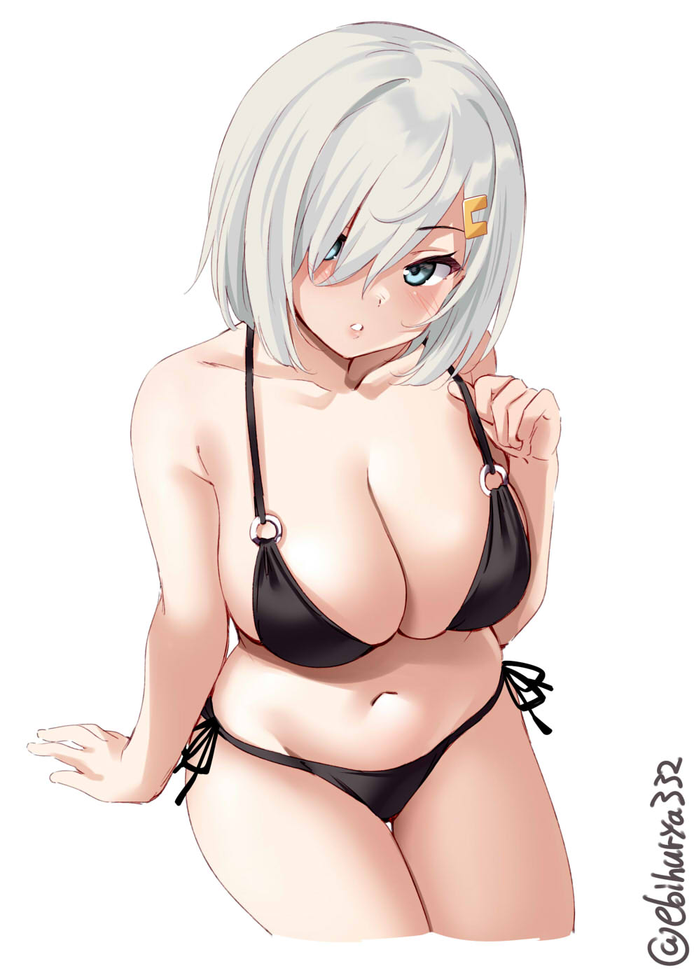big breasts, bikini, black bikini, blue eyes, blush, bob cut, breasts, cleavage, ebifurya, female, female only, hair over one eye, hairclip, hamakaze (kantai collection), high-angle view, kantai collection, short hair, side-tie panties, silver hair, sitting, solo, swimsuit
