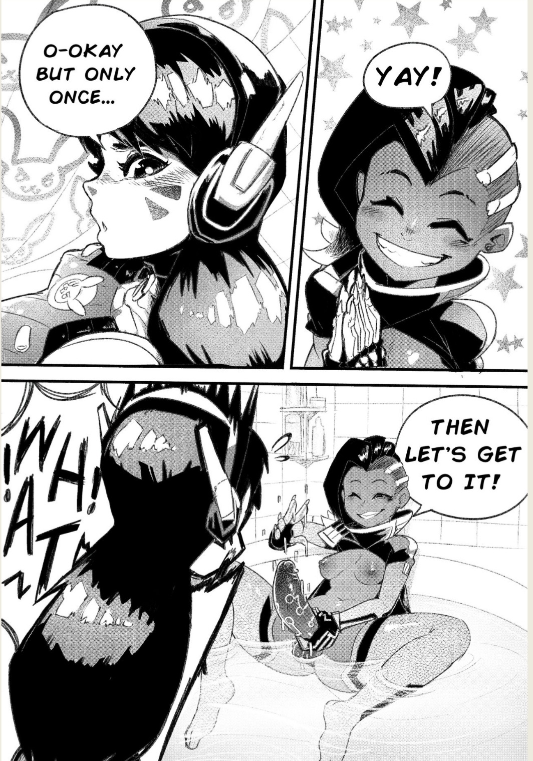 1futa, 1girls, areolae, asian, asian female, asian female latina futa, balls, bath, bathtub, big breasts, big penis, bottomless, breasts, brown skin, brown-skinned futa, comic, d.va, dark skin, dark-skinned futa, dialogue, duo, english text, erection, female, futa on female, futa transformation, futanari, genital growth, interracial, intersex, korean, korean female, latina, latina futa, light skin, light-skinned female, mexican, mexican futa, monochrome, nipples, nude, overwatch, pale skin, penis, penis growth, pokilewd, seductive, shower, sombra, spread legs, text, transformation, water