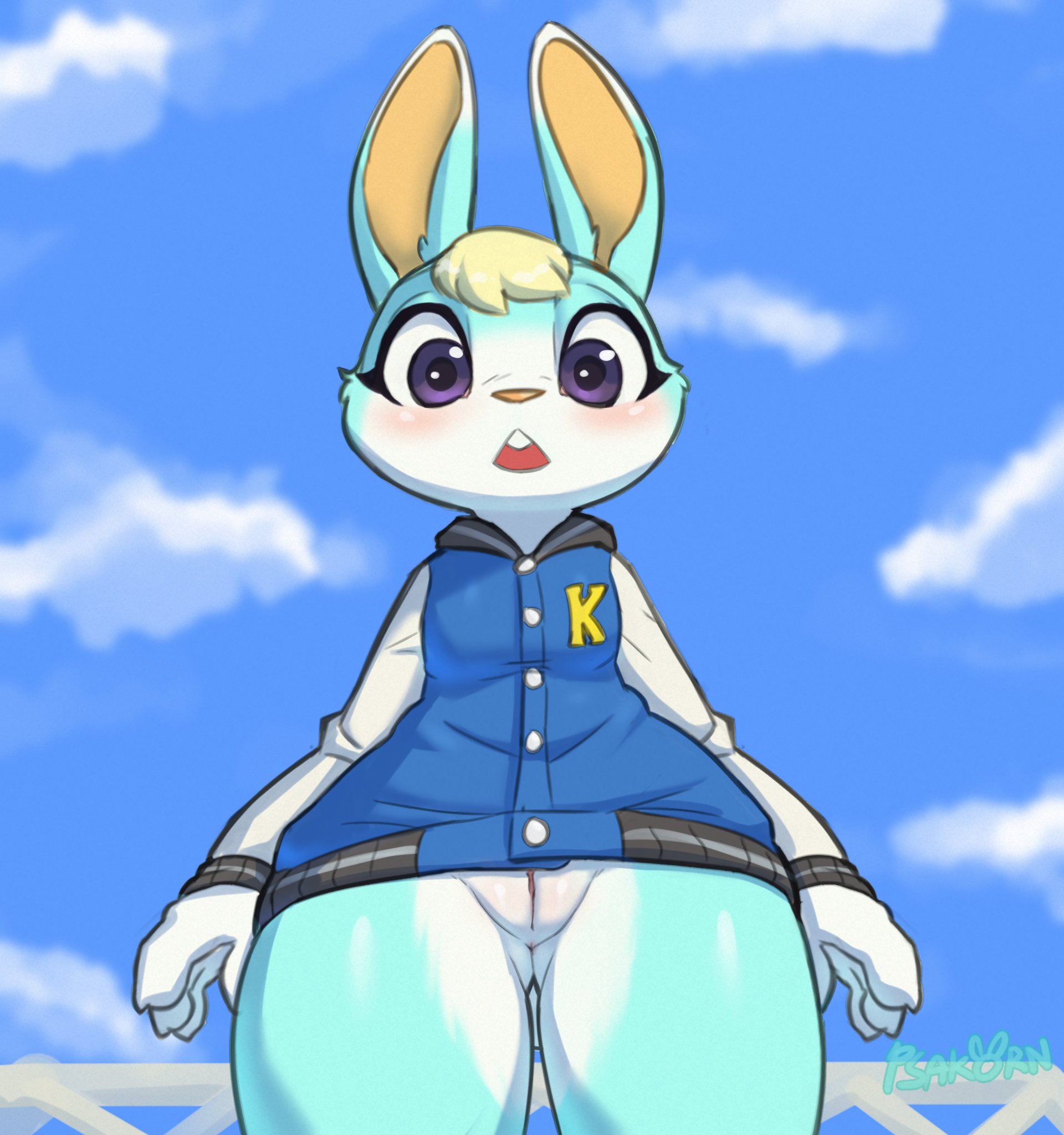 2021, 4 fingers, animal crossing, anthro, anus, blonde hair, blue clothing, blue topwear, blush, bottomless, buckteeth, butt from the front, clothed, clothing, cloud, crossgender, digital media (artwork), ears up, female, fingers, fur, furry, furry only, genderswap, genderswap (mtf), genitals, green body, green fur, hair, hi res, lagomorph, leporid, looking at viewer, low-angle view, mammal, mtf crossgender, multicolored body, multicolored clothing, multicolored fur, multicolored topwear, nintendo, open mouth, outside, partially clothed, perineum, psakorn tnoi, purple eyes, pussy, rabbit, rule 63, sasha (animal crossing), shaded, signature, sky, solo, standing, teeth, the character is better this way, topwear, video games, white body, white clothing, white fur, white topwear