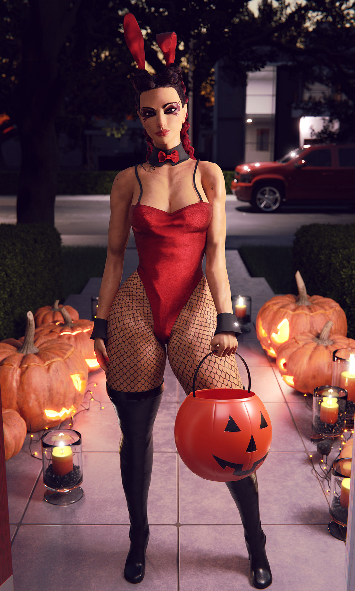 1girls, 3d, 3d (artwork), apex legends, big breasts, bodysuit, boots, braided hair, breasts, clothed, costume, el-recondite (artist), eye markings, female, female focus, female only, fishnets, halloween, halloween costume, hi res, hourglass figure, leather boots, loba (apex legends), pumpkin, rabbit ears, solo, solo female, solo focus, twintails, wide hips