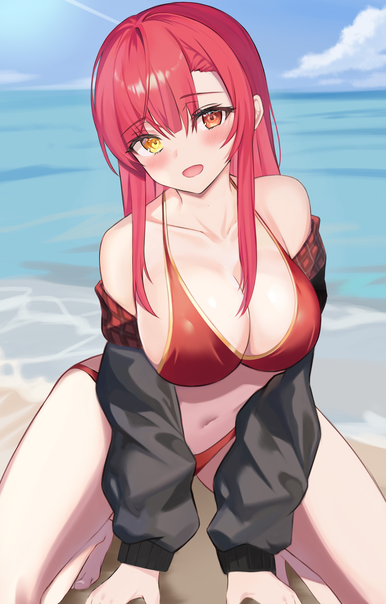 1girls, 2021, bangs, beach, bikini, black jacket, blue sky, blush, breasts, cloud, female, female focus, female only, heterochromia, highres, hololive, hololive fantasy, hololive japan, houshou marine, jacket, large breasts, nannann, navel, ocean, off shoulder, official alternate costume, open mouth, red bikini, red eyes, red hair, sand, sky, solo, solo female, solo focus, squatting, straight hair, swimsuit, virtual youtuber, water, yellow eyes