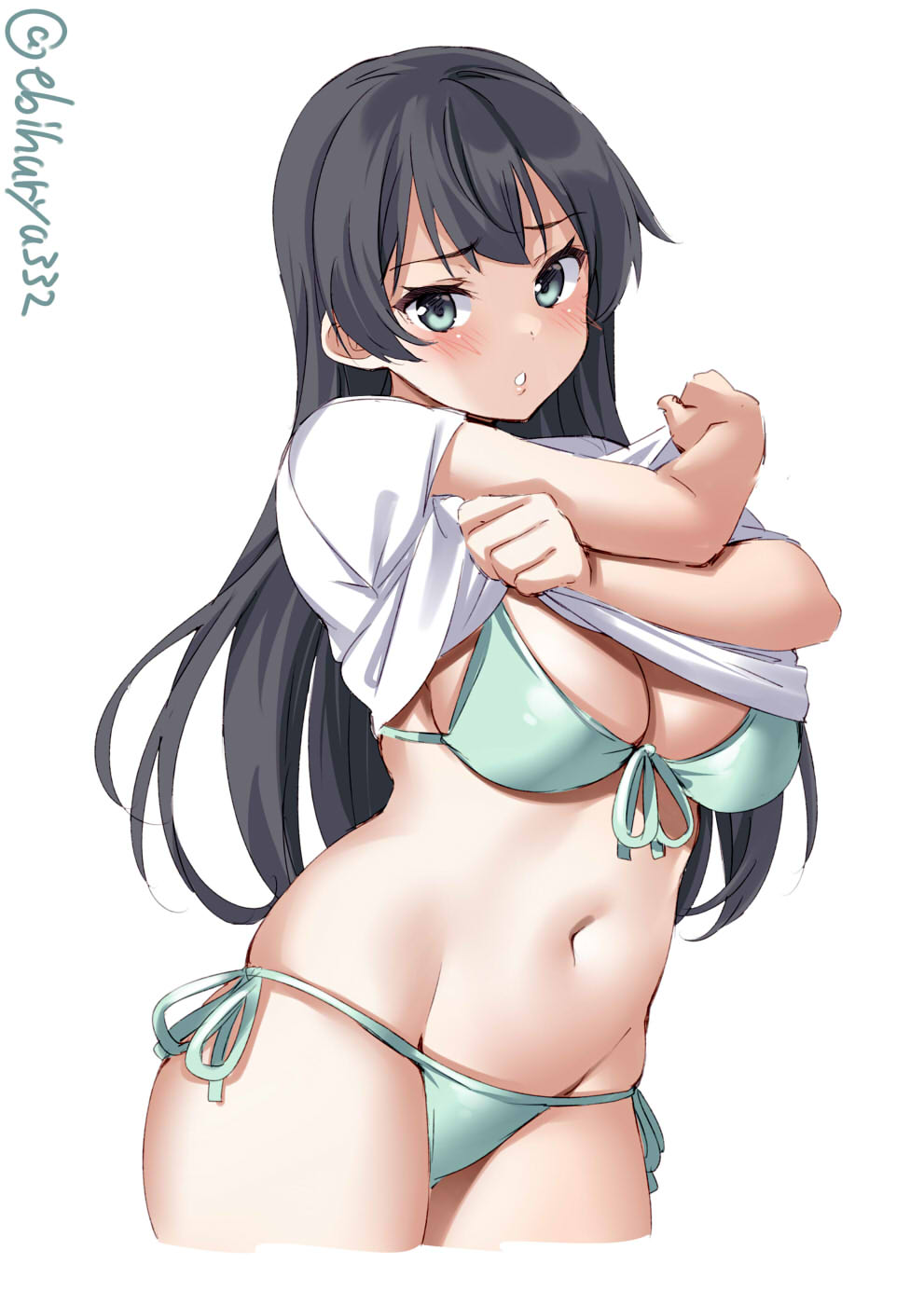 agano_(kantai_collection) aqua_eyes bangs bikini black_hair blush cleavage ebifurya embarrassed female female_only kantai_collection long_hair looking_at_viewer medium_breasts shirt_lift side-tie_bikini solo undressing