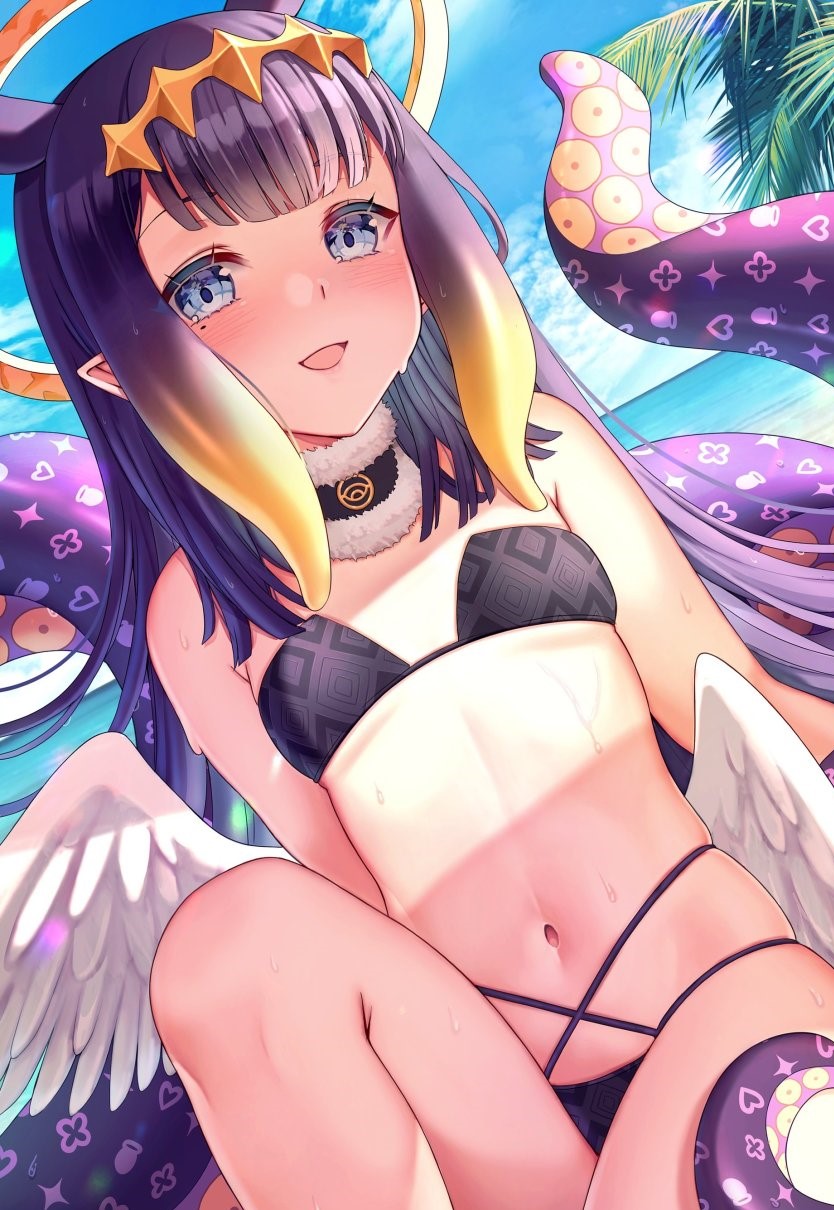 1girls, angel wings, beach, belly button, bikini, blue eyes, blush, blushing at viewer, blushing profusely, choker, diadem, female, female focus, female only, halo, heavy blush, highres, hololive, hololive english, hololive myth, light skin, light-skinned female, long hair, looking at viewer, low wings, mole, mole under eye, multicolored hair, ninomae ina'nis, orange hair, pale skin, pale-skinned female, palm tree, purple bikini, purple hair, seaside, sweat, sweating, swimsuit, tentacle, thick thighs, thighhighs, tiara, very high resolution, very long hair, virtual youtuber, wet, wings