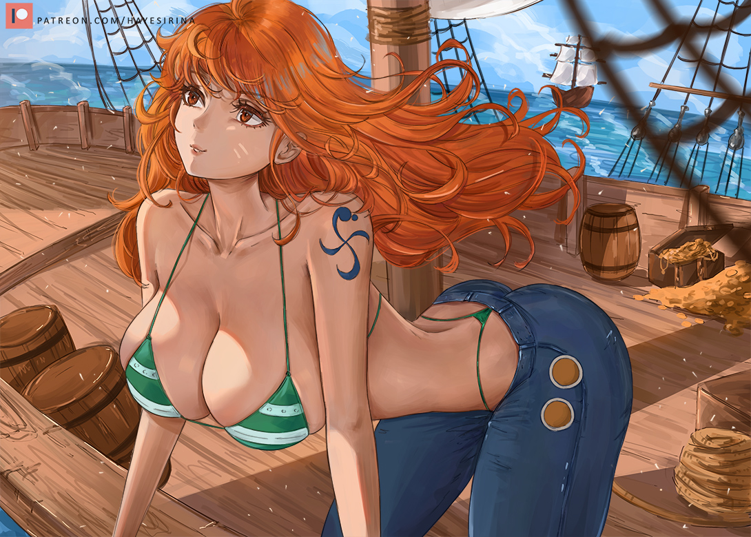 1girls, arm tattoo, big breasts, bikini, blue tattoo, breasts, female, female only, hayes-irina, huge breasts, jeans, long hair, nami (one piece), ocean, one piece, orange hair, orange-haired female, shounen jump, solo, solo female, striped bikini, tattoo, wavy hair