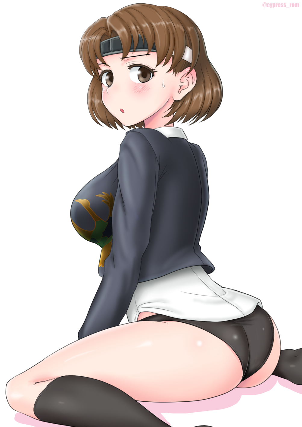 big_ass black_panties black_socks blush bolero brown_eyes brown_hair butt_crack chiyoda_(kantai_collection) clothing cypress female female_only headband kantai_collection long_sleeves looking_at_viewer looking_back panties short_hair sitting socks solo sweatdrop