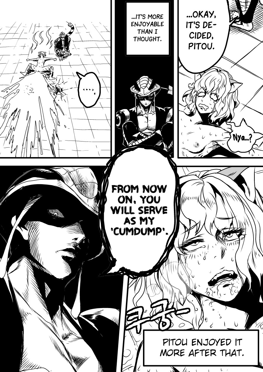 1boy 1girls after_sex catgirl comic cum dialogue english_text female fucked_silly hunter_x_hunter male meruem monochrome neferpitou nekomimi sgb small_breasts tagme text