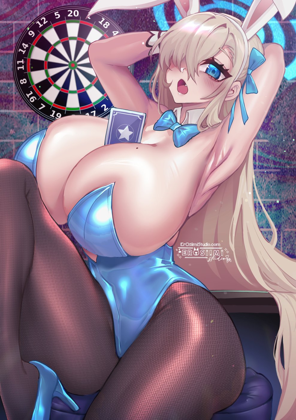 1girls 2021 armpits arms_behind_head arms_up artist_signature asuna_(blue_archive) asuna_(bunny)_(blue_archive) beauty_mark blonde_hair blue_archive blue_eyes blue_leotard bowtie breasts bunny_ears bunny_girl bunnysuit cleavage dartboard detached_collar feet_out_of_frame female female_focus female_only hair_over_one_eye highleg_leotard huge_breasts indoors leotard long_hair millennium_science_school_student mole_on_breast object_between_breasts osiimi playing_card ribbon ribbon_in_hair sheer_legwear sitting thick_thighs thighs tights very_long_hair