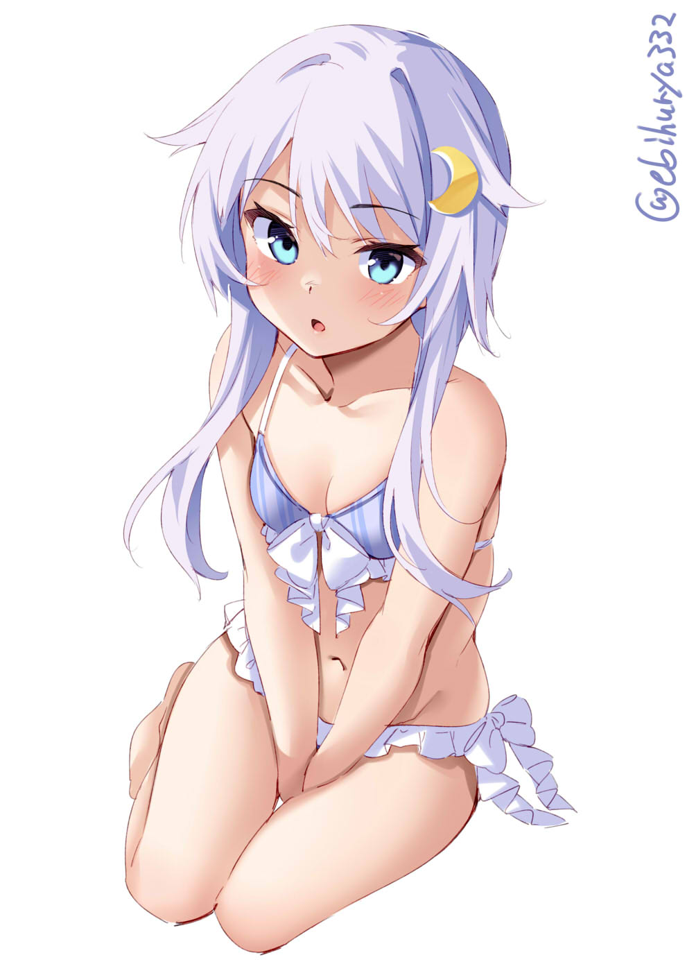 bikini blue_eyes blush crescent_moon ebifurya female female_only frilled_bikini frills hair_flaps hair_ornament hairclip high-angle_view kantai_collection lavender_hair long_hair navel short_hair_with_long_locks sidelocks silver_hair sitting small_breasts solo swimsuit yayoi_(kantai_collection)