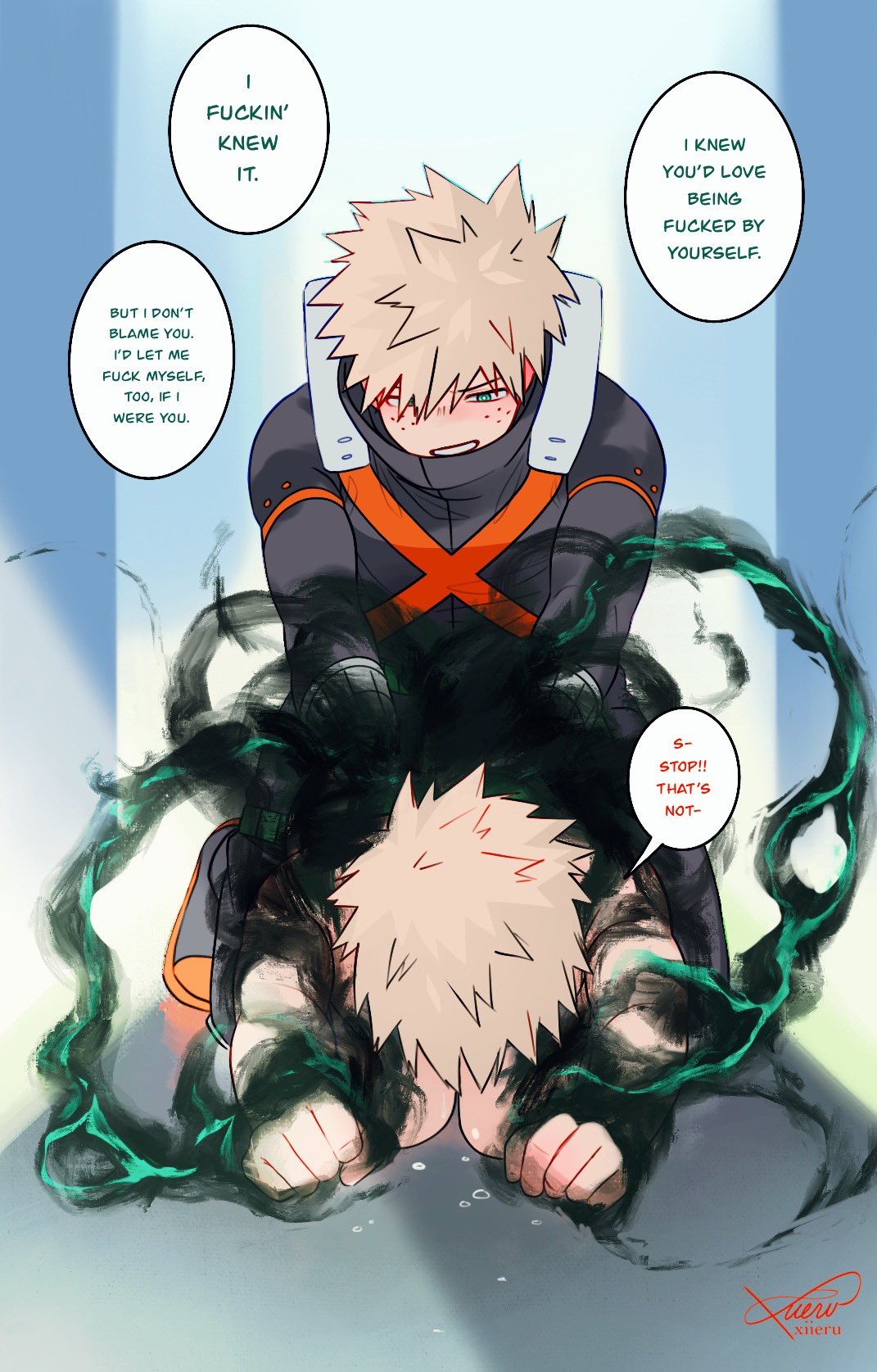 2boys anal anal_sex blackwhip blonde_hair cosplay dialogue english_text gay gay_sex hero_outfit_(mha) implied_anal implied_sex izuku_midoriya katsuki_bakugou male male/male male_only male_penetrated male_penetrating male_penetrating_male my_hero_academia on_fours on_knees quirk_(mha) sex speech_bubble spiky_hair text xiieru yaoi