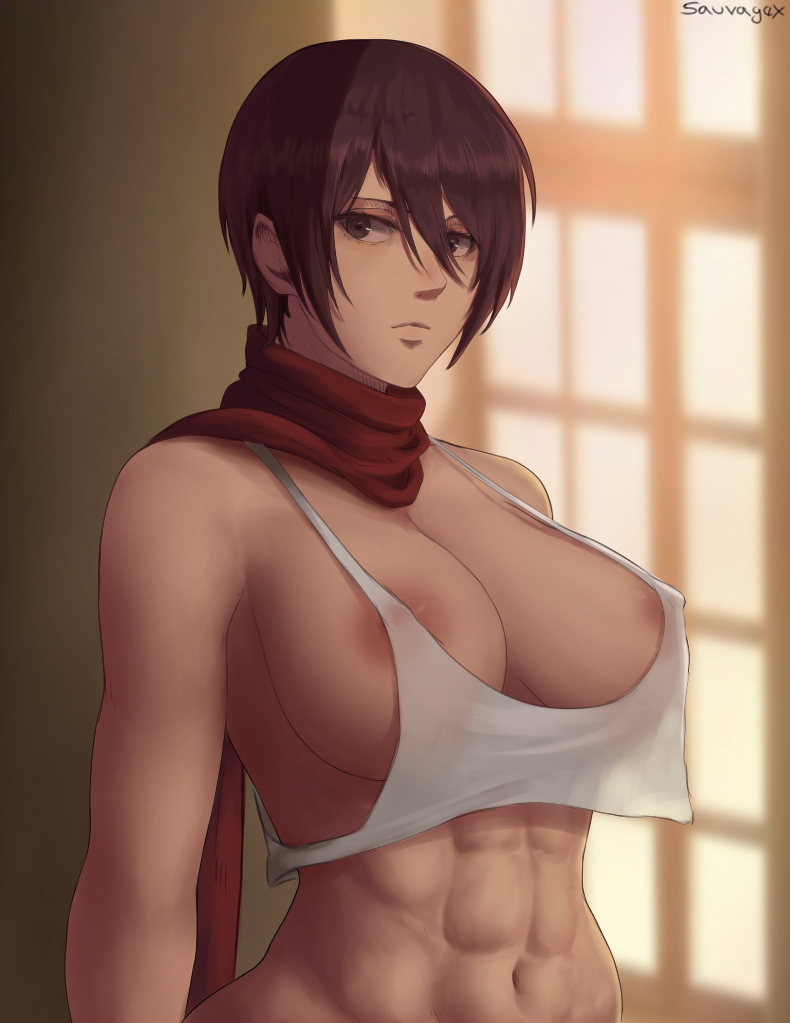 1girls, abs, areolae, attack on titan, before sex, belly button, black hair, breasts, cutesexyrobutts (style), female, female only, huge breasts, large breasts, midriff, midriff showing, mikasa ackerman, nipples, nipples visible through clothing, oroborusart, savagexthicc, scarf, see-through, shingeki no kyojin, short hair, solo, very short hair