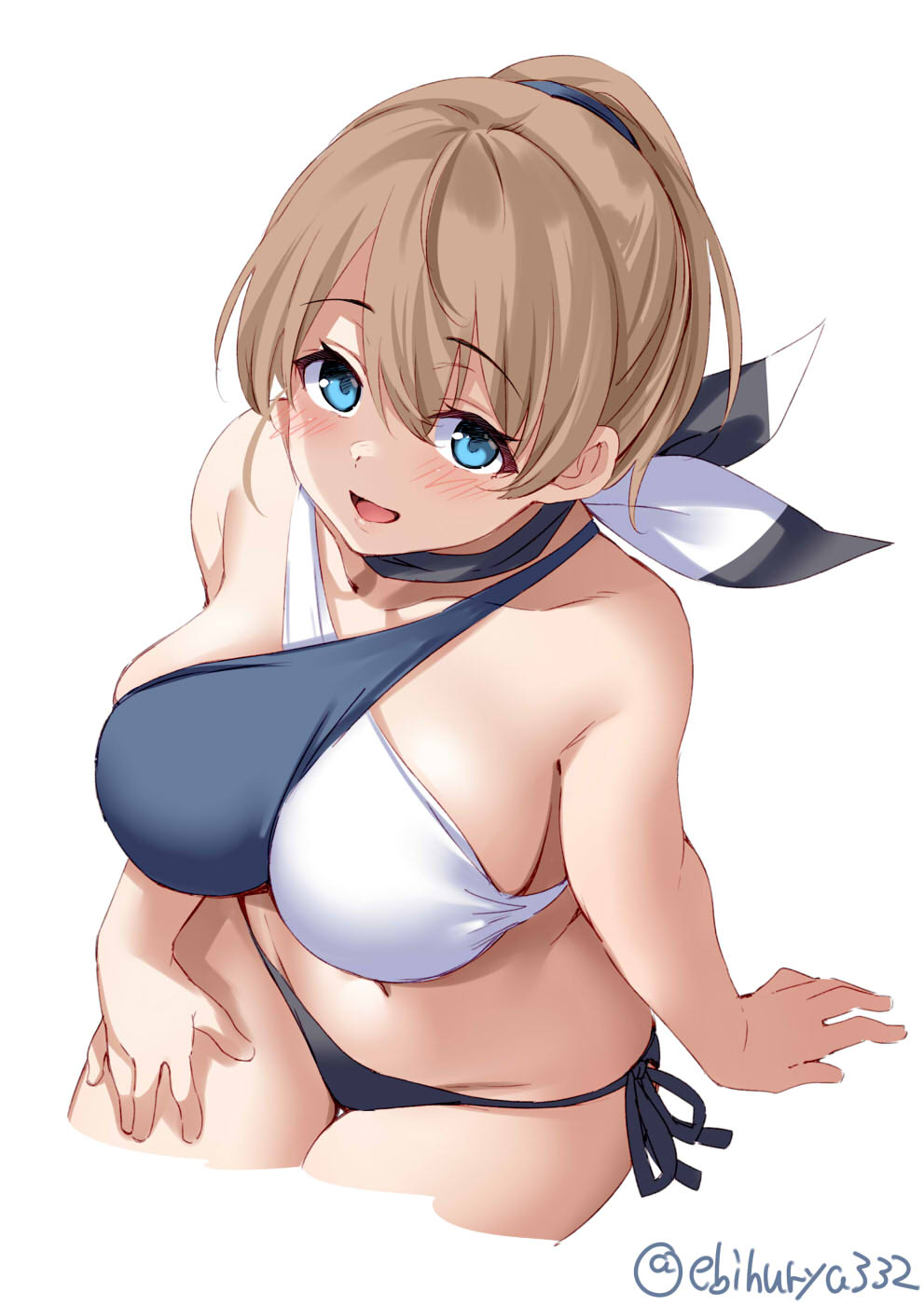 bangs big_breasts bikini blue_eyes blush brown_hair ebifurya female female_only high-angle_view intrepid_(kantai_collection) kantai_collection light_brown_hair looking_at_viewer neckerchief ponytail side-tie_bikini sitting smile solo swimsuit