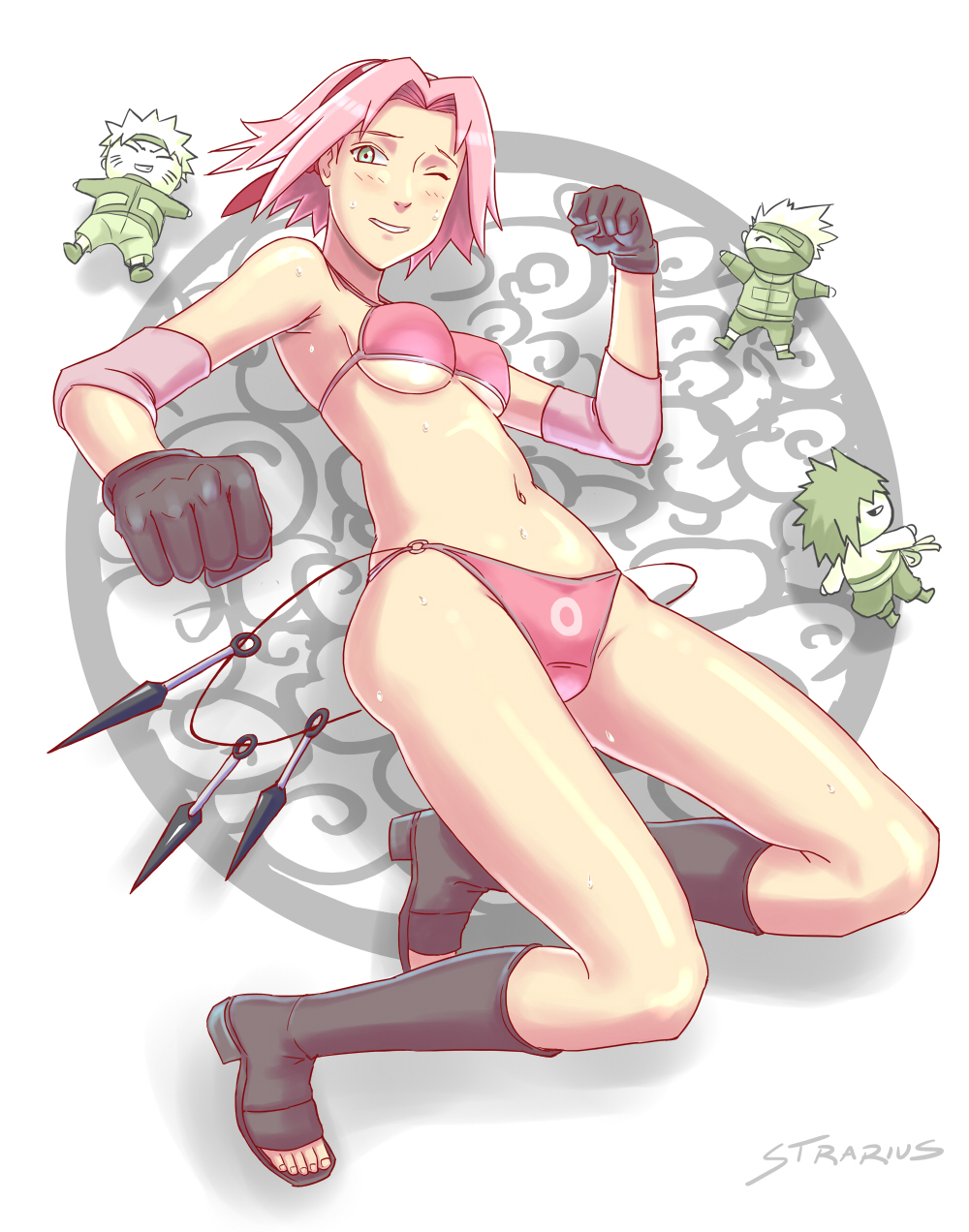 1girls armpits ass belt bikini bikini_bottom bikini_top black_gloves blush bob_cut boots chibi cleavage clenched_fist clenched_hand clenched_hands clothed clothing elbow_pads female female_focus footwear g-string gloves green_eyes hatake_kakashi headband heel_boots heels high_heels knee_boots kneehighs kunai legs light-skinned_female light_skin maigleco male medium_hair micro_bikini multiple_boys naruto naruto_(series) naruto_shippuden one_eye_closed open_toe_shoes panties partially_clothed perky_breasts petite pink_bikini pink_hair pink_panties pink_swimsuit pink_thong pinup revealing_clothes sakura_haruno sasuke_uchiha shoulder_length_hair shounen_jump sideboob small_breasts smile smiling sweat sweatdrop swimsuit teenager thighs thong tiptoes toes underboob underwear uzumaki_naruto voluptuous wink