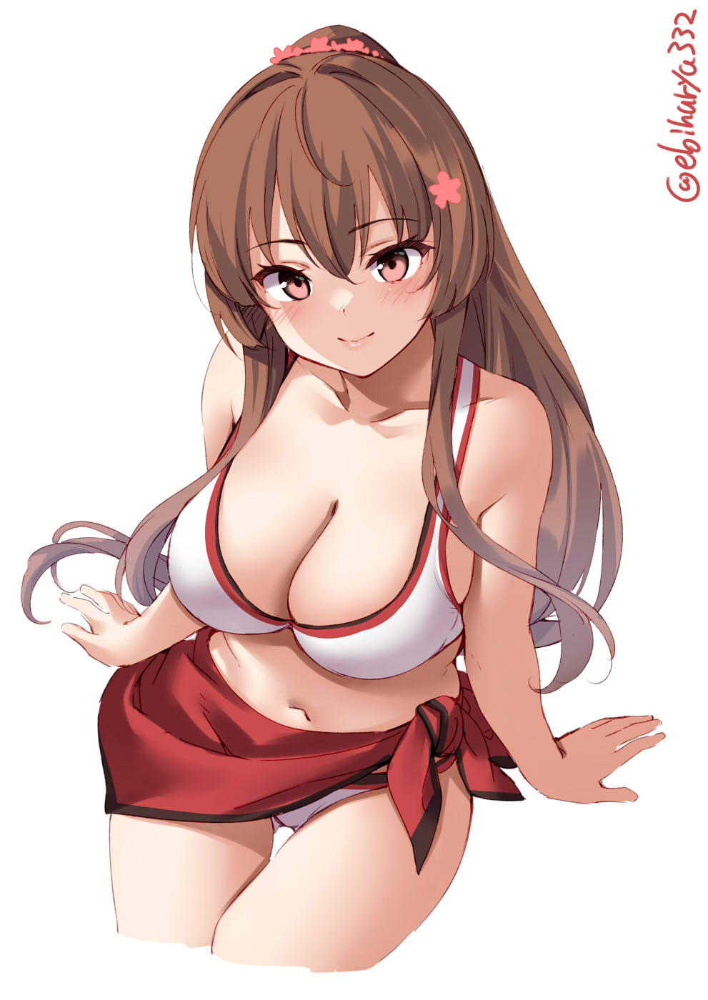 bangs, big breasts, bikini, blush, breasts, brown eyes, brown hair, cleavage, ebifurya, female, female only, flower in hair, hair down, high-angle view, kantai collection, long hair, looking at viewer, sarong, sidelocks, sitting, smile, solo, swimsuit, white bikini, yamato (kantai collection)