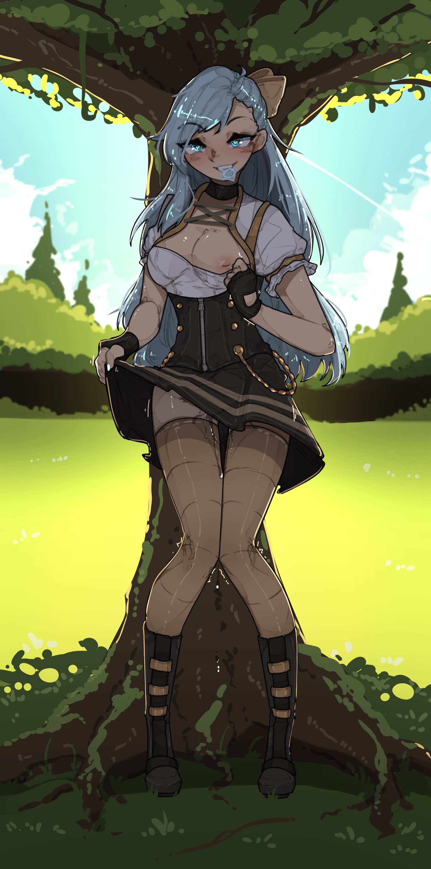 1girls, areolae, blue eyes, blue hair, breasts, choker, condom, condom in mouth, eye contact, female, full body, genital fluids, knees together feet apart, long hair, looking at viewer, medium breasts, nipples, one breast out, outdoors, presenting breasts, shuuko, skirt, skirt lift, solo, standing, thighhighs, thighs