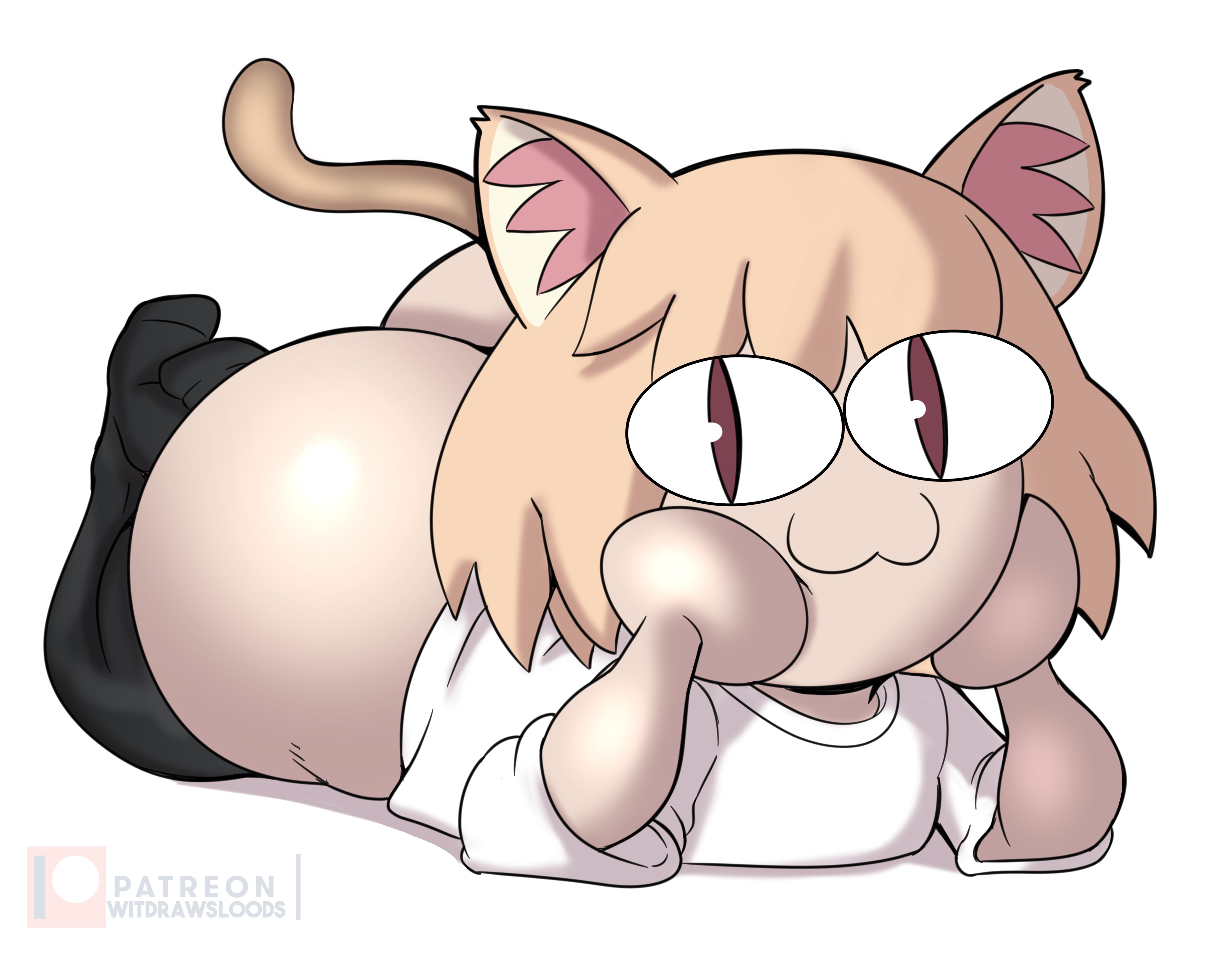 :3, 1girls, 2d, animal ears, ass, big ass, big butt, cat ears, cat girl, catgirl, eye contact, fat ass, female, female only, huge ass, large ass, looking at viewer, massive ass, melty blood, monster girl, neco-arc, small female, smile, solo, solo female, thick ass, thick thighs, thighhighs, thighs, tsukihime, type-moon, white background, witdrawsloods