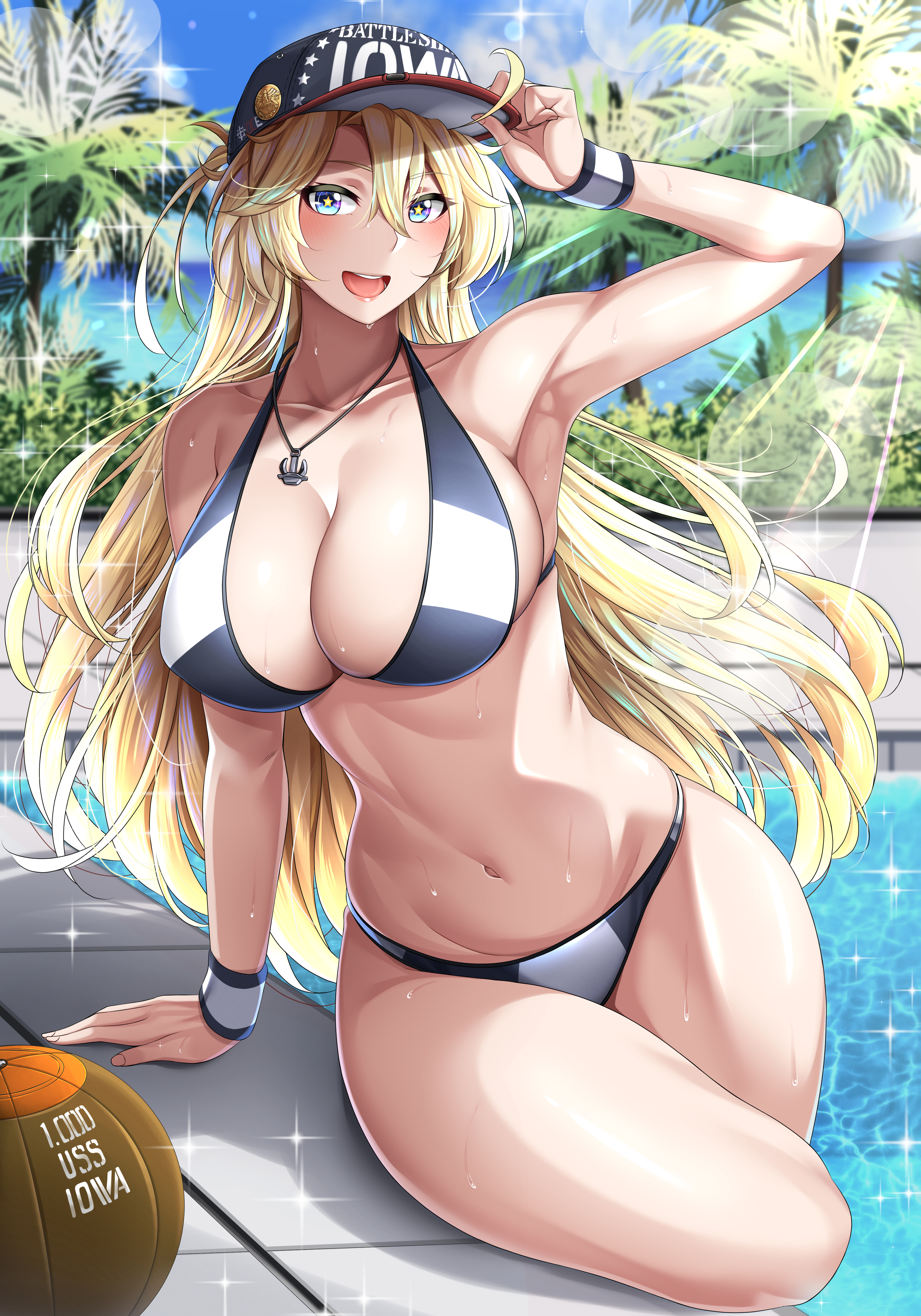 armpit, bangs, baseball cap, big breasts, bikini, blonde female, blonde hair, blue eyes, breasts, cleavage, curvaceous, curvy, detailed background, female, female only, hourglass figure, iowa (kantai collection), kantai collection, kome cola, long hair, looking at viewer, necklace, open mouth, pool, sideboob, smile, solo, star-shaped pupils, sweat, swimsuit, unusual anatomy, unusual eyes, unusual pupils, wet, wide hips, wristband