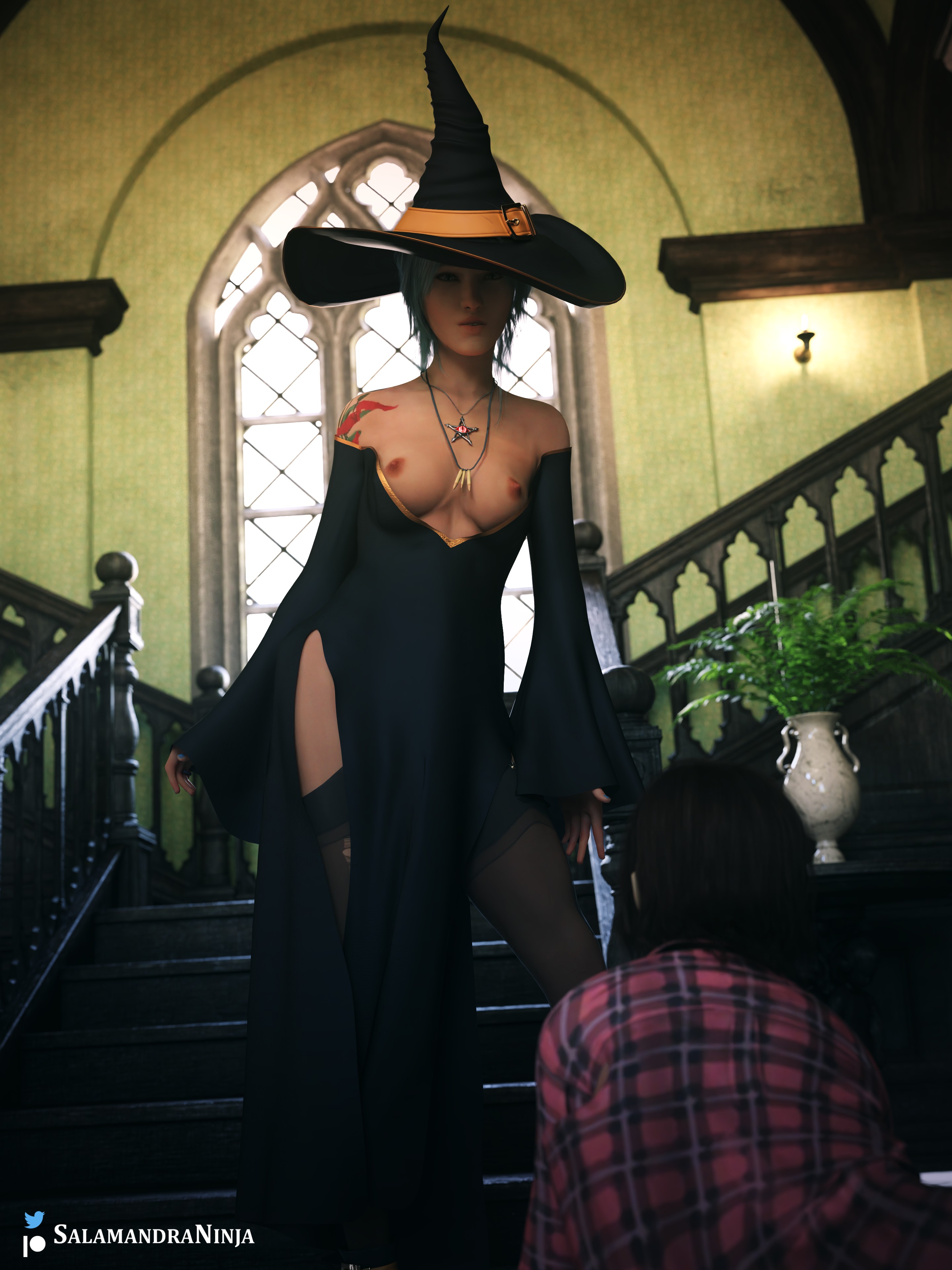 2girls, 3d, alternate costume, breasts, breasts out, chloe price, daz3d, female, futanari, headwear, intersex, life is strange, light skin, light-skinned female, max caulfield, neckwear, partially clothed, salamandraninja, witch, witch hat