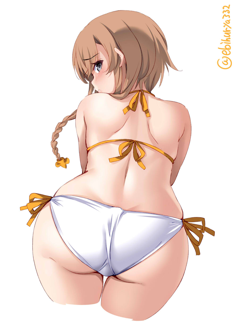 ass, ass focus, back view, bangs, bent over, big ass, bikini, blush, braided hair, braids, brown hair, ebifurya, female, female only, grey eyes, hair ornament, kantai collection, light brown hair, long hair, looking at viewer, looking back, short hair, short hair with long locks, side-tie bikini, solo, swimsuit, teruzuki (kantai collection), white bikini, wide hips