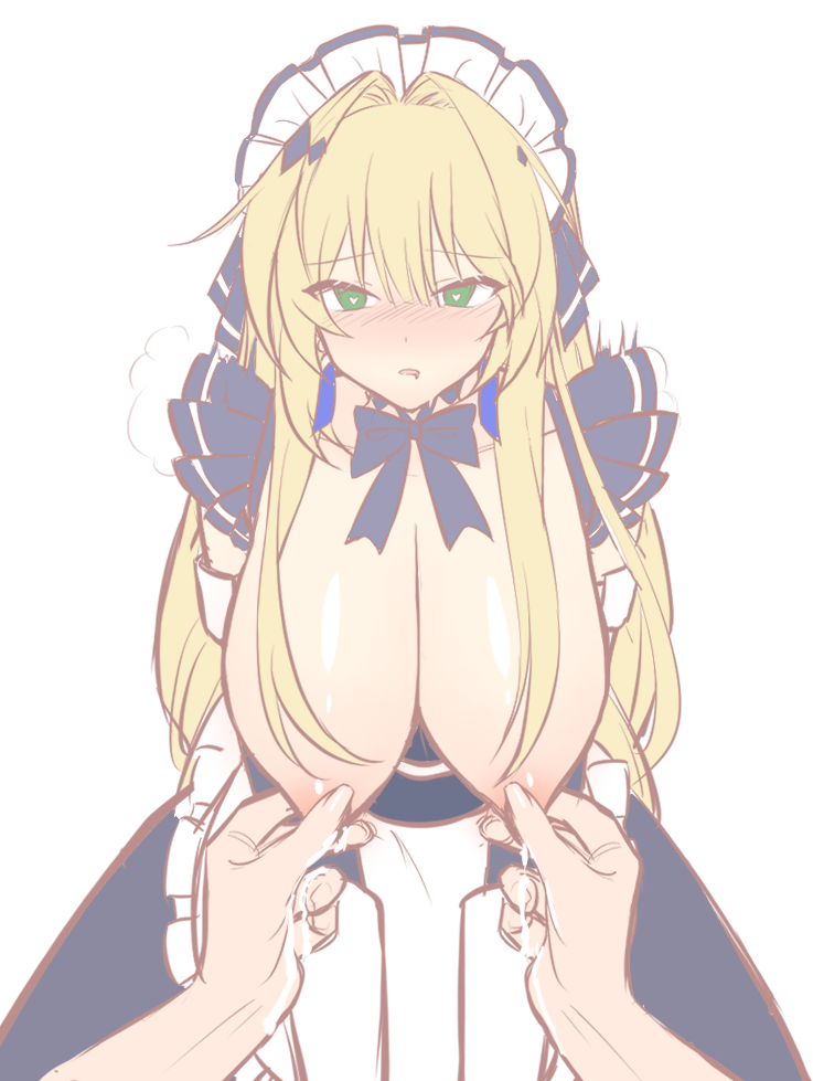 04, 1boy, 1girls, bianca (punishing: gray raven), blonde hair, blush, breast squeeze, breasts, breasts out, disembodied hands, female, female focus, heart-shaped pupils, lactation, large breasts, long hair, maid, maid headdress, maid uniform, male, milk, milking, punishing: gray raven