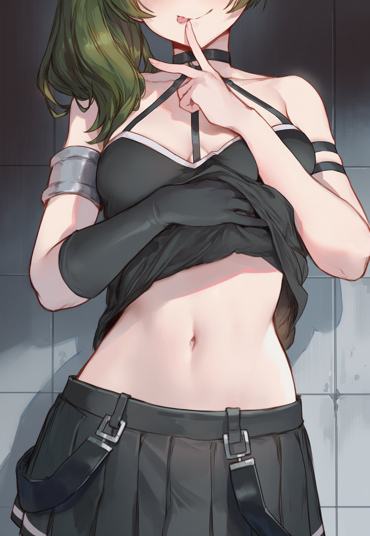 ai generated, belly, belly button, esthelmanga, lifted by self, lifting person, midriff, navel, skirt, small breasts, sousou no frieren, tummy, ubel (sousou no frieren)
