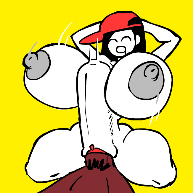 arms behind head, black hair, bowt, butcher vanity (synthesizer v), cowgirl position, dark-skinned male, gray nipples, hyper, hyper breasts, hyper penis, pubic hair, red hat, sketch, stomach bulge paizuri, vaginal penetration, vimalion pro, white skin, yellow background, yi xi (synthesizer v)