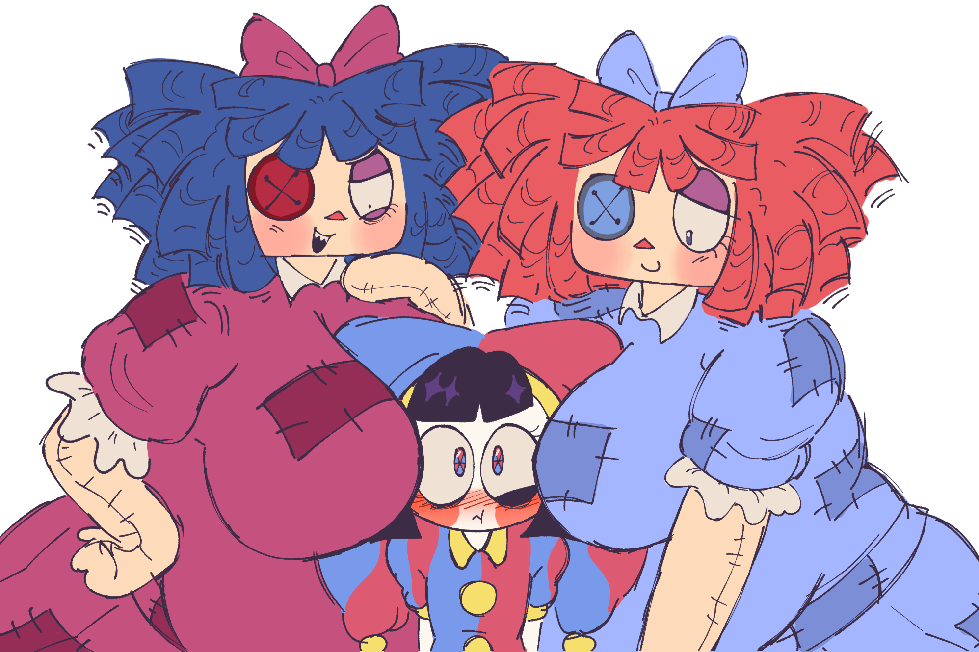 3girls, bbw, breast smother, breasts, evil ragatha, evil ragatha (the amazing digital circus), fat, huge breasts, hyenaconfetti, pomni, pomni (tadc), pomni (the amazing digital circus), ragatha, ragatha (tadc), ragatha (the amazing digital circus), sandwiched, sandwiched in boobs, squished between breasts, tadc, the amazing digital circus