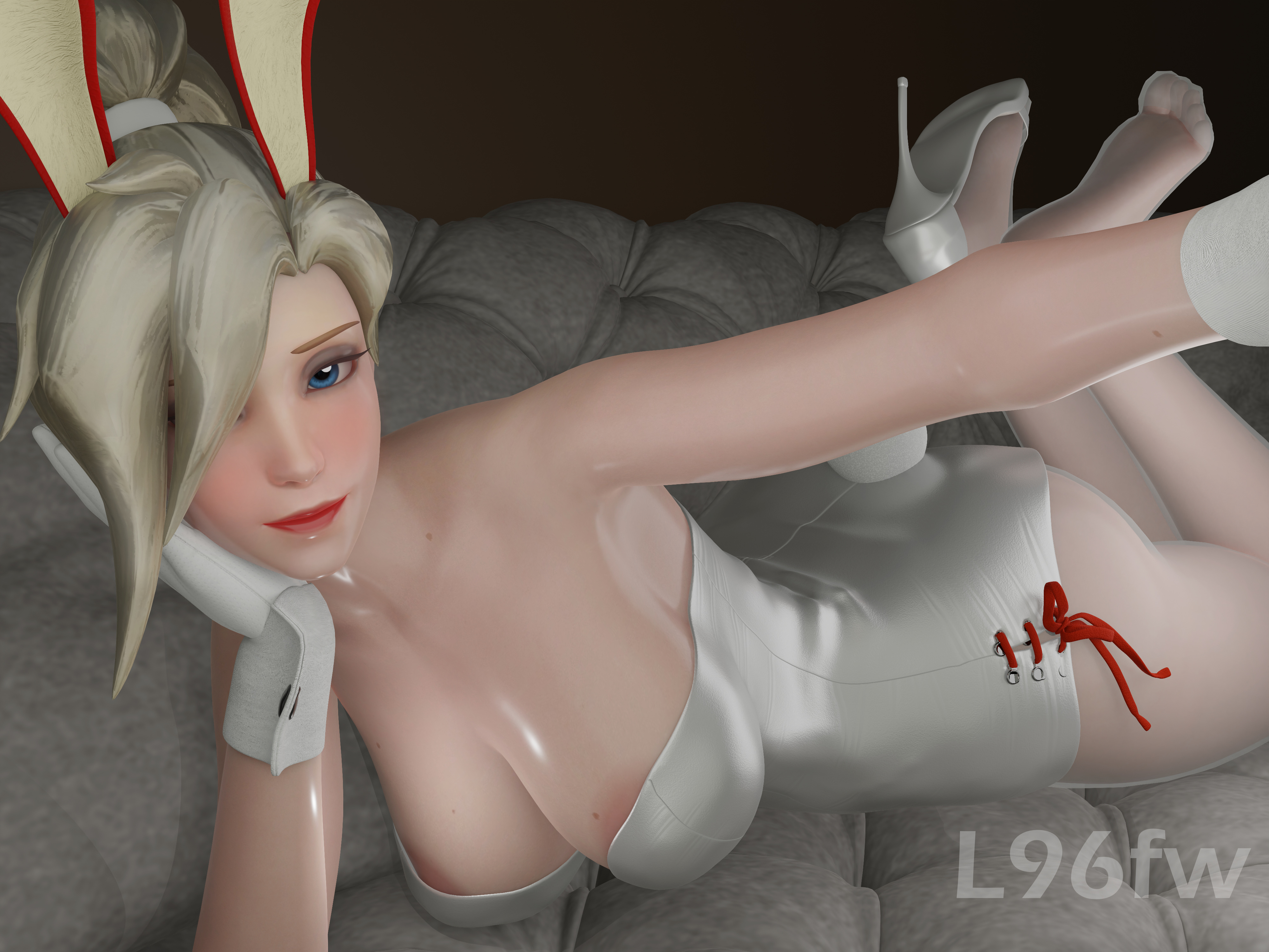 3d, blonde female, blonde hair, blue eyes, breasts, bunny ears, bunny tail, bunnysuit, female, female focus, female only, l96fw, looking at viewer, mercy, overwatch, overwatch 2, pantyhose, thighs, white legwear