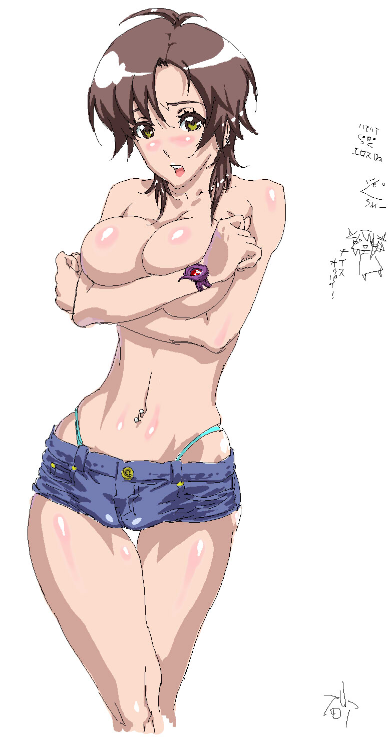 bb breast_squeeze breasts brown_hair highres hotpants huge_breasts masane_amaha milf navel navel_piercing oekaki piercing short_shorts shorts suna witchblade