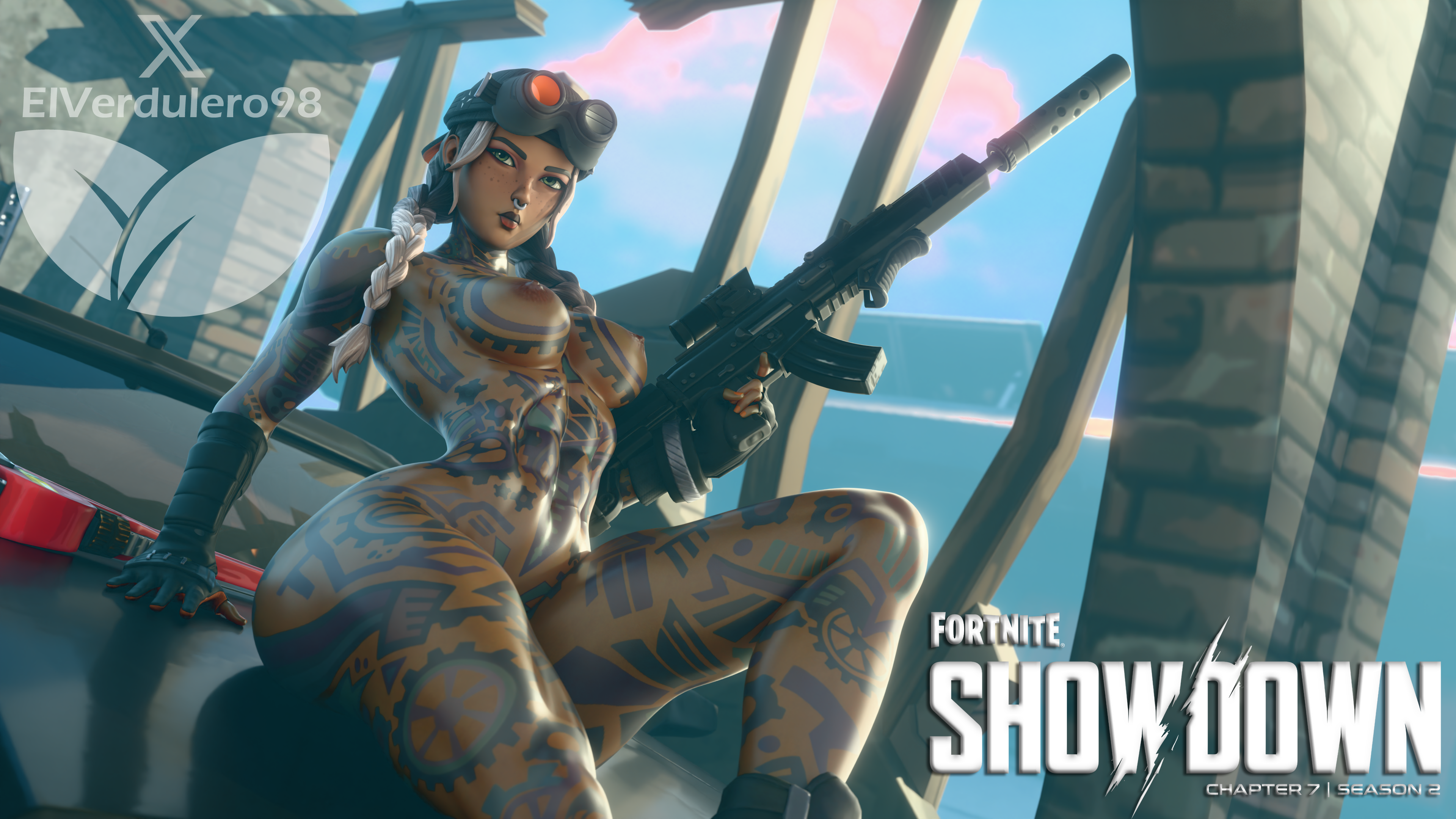 3d, abs, athletic female, breasts, elite jules (fortnite), elverdulero98, female, fit female, fortnite, jules (fortnite), mechanic, mechanic girl, naked footwear, tattoos everywhere